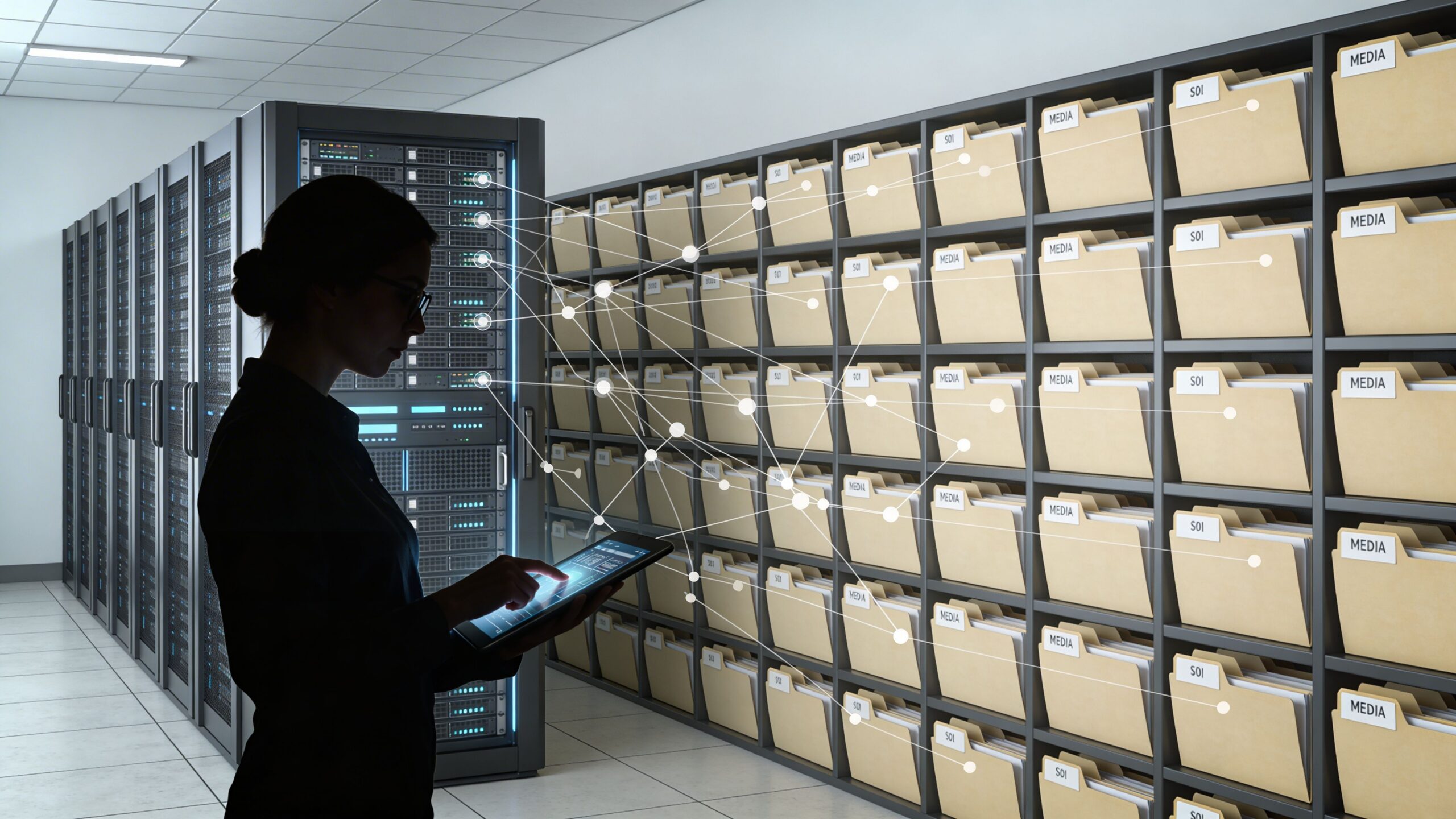 A silhouette of a professional using a tablet in a high-tech server room with digital file connections.
