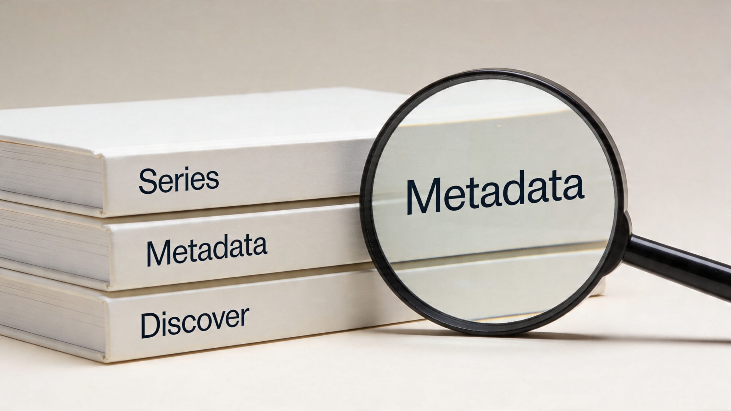 A magnifying glass held over a stack of white books, focusing on the word Metadata on a spine.