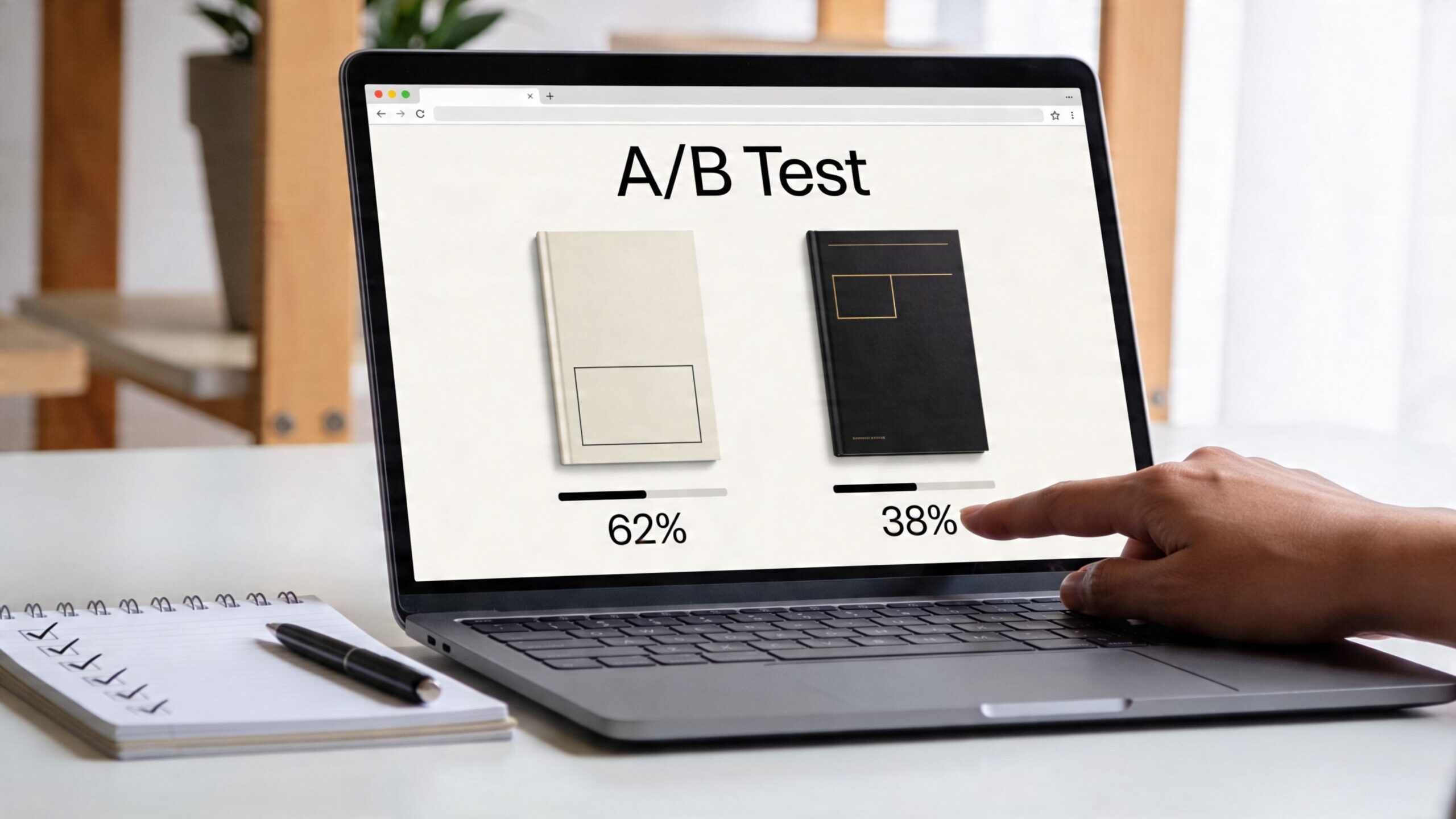 A person pointing to a laptop screen displaying A/B test results for two book cover designs.