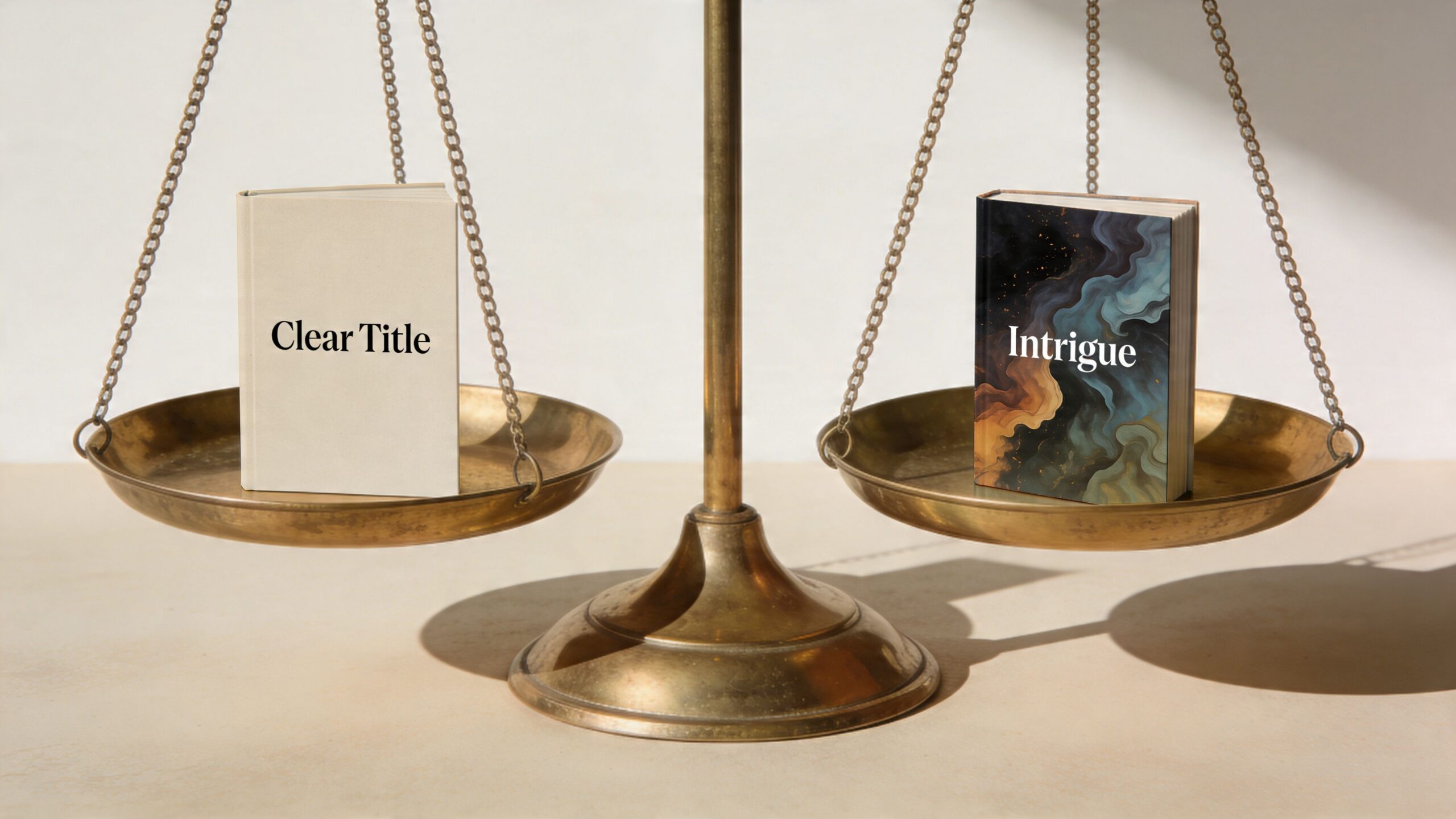 A brass scale balancing a plain book labeled Clear Title against an artistic book labeled Intrigue.