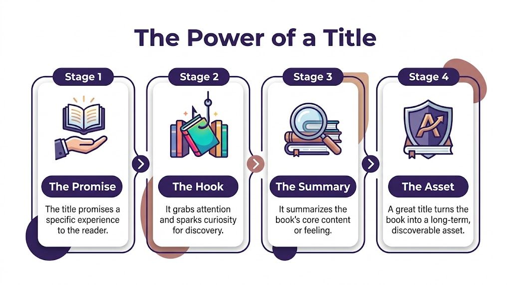 A four-stage infographic illustrating the power of a book title including promise, hook, summary, and asset.