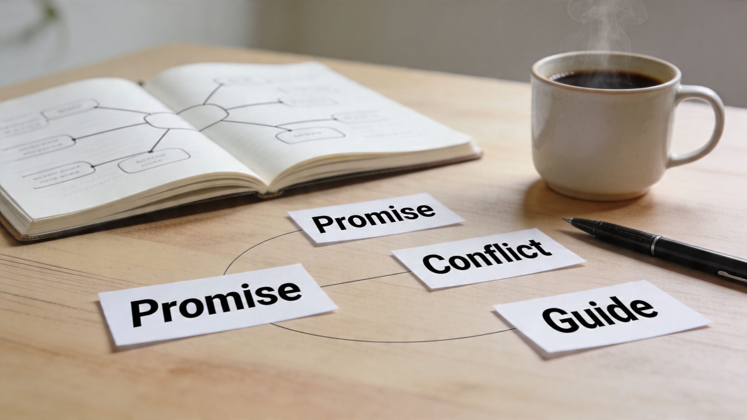 Conceptual arrangement of paper cards with the words Promise, Conflict, and Guide on a wooden table desk.