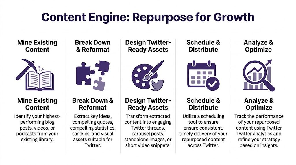A five-step infographic showing how to repurpose existing content to grow your presence on Twitter.
