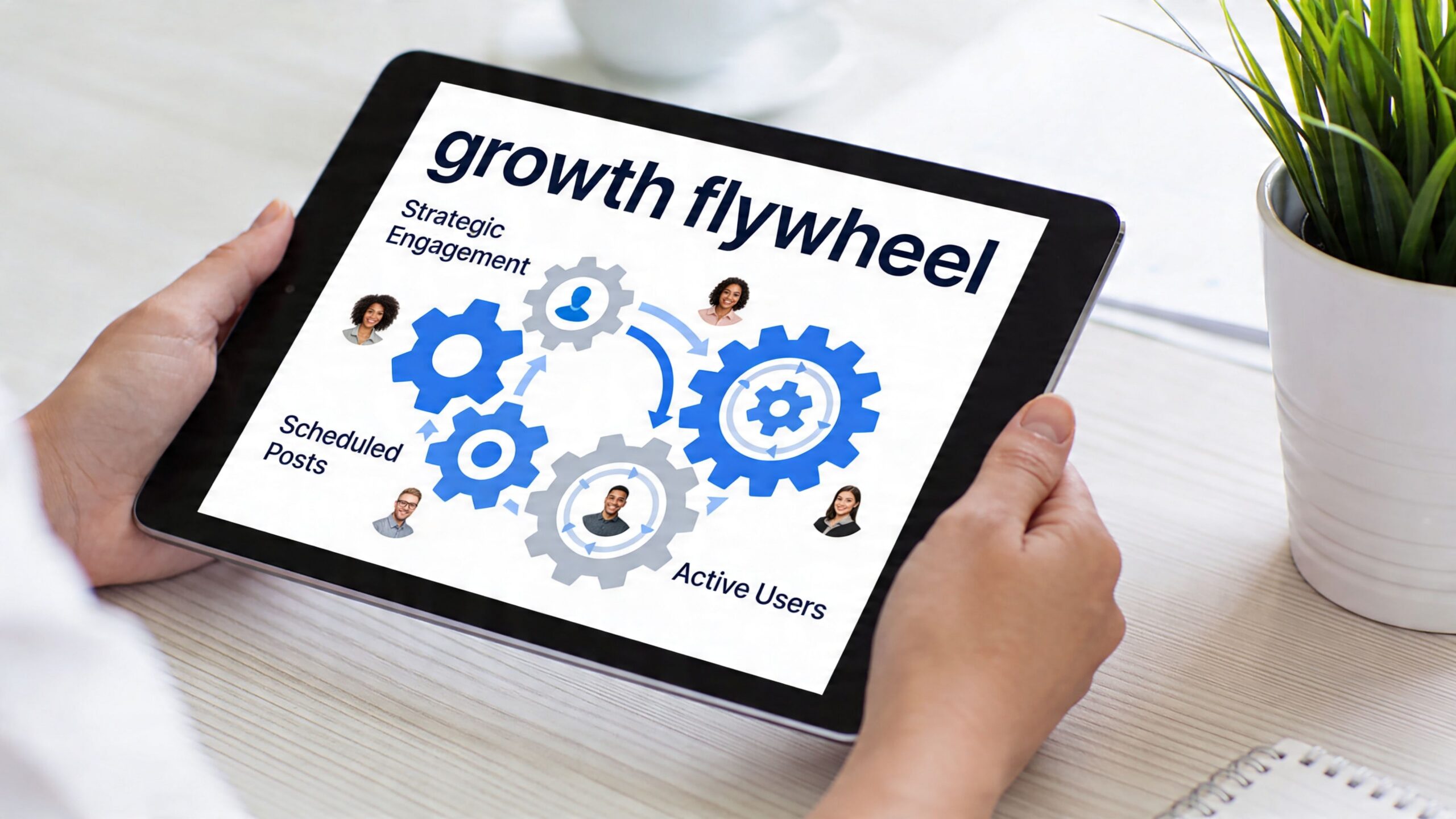 A person holding a tablet displaying a growth flywheel diagram with icons of people and engagement metrics.