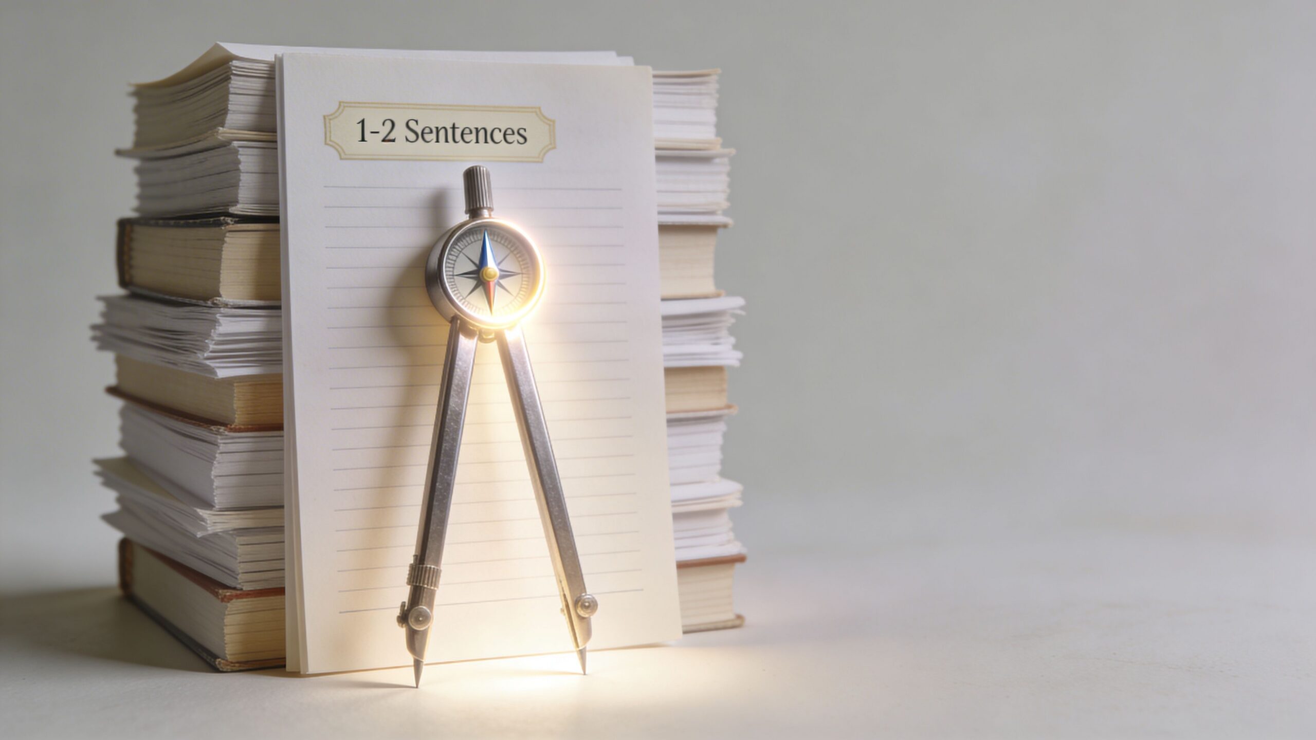 A compass resting on a sheet of paper with '1-2 Sentences' text, positioned between two stacks of books.