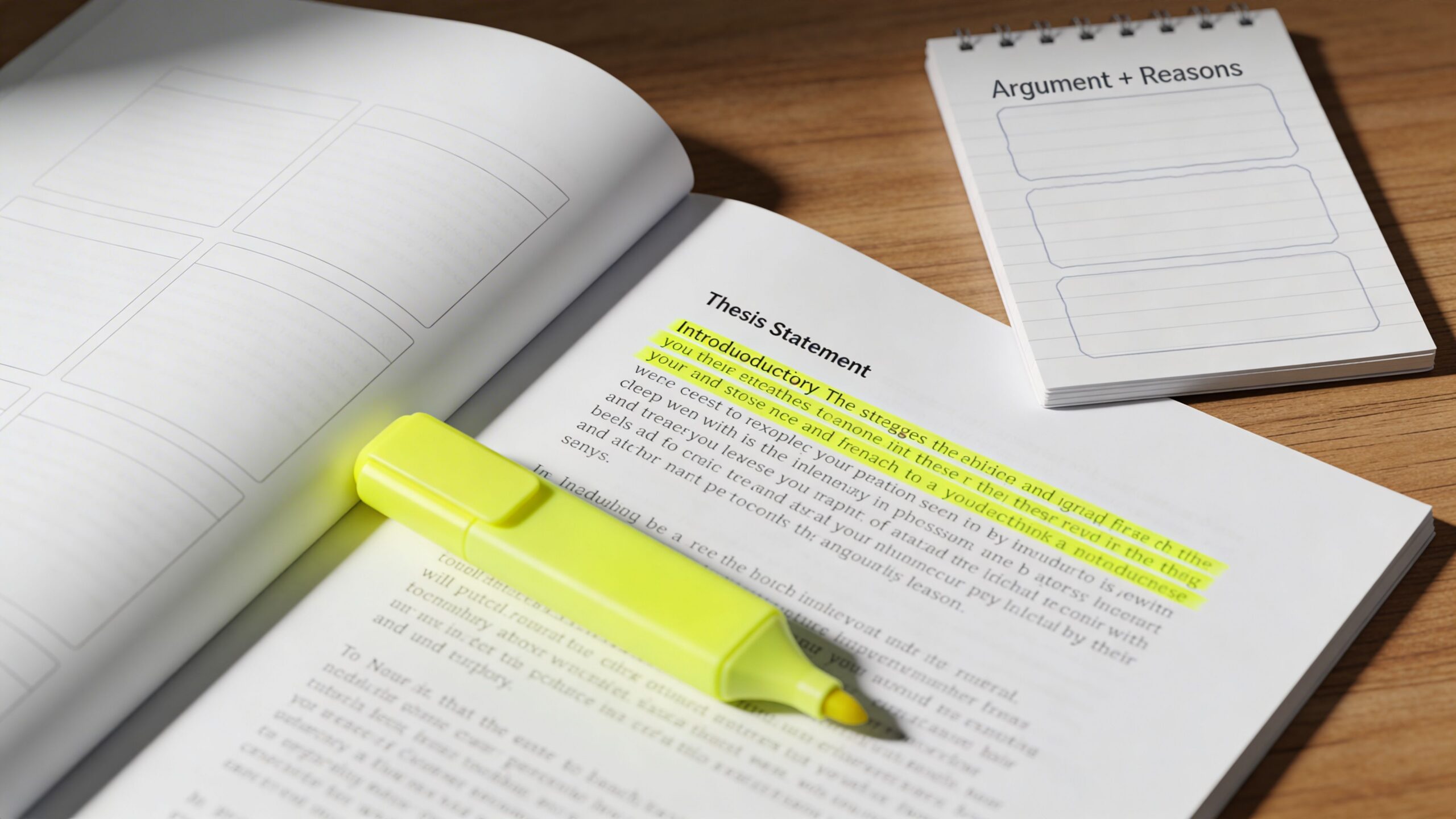 A yellow highlighter rests on an open book showing a highlighted thesis statement next to a notepad.