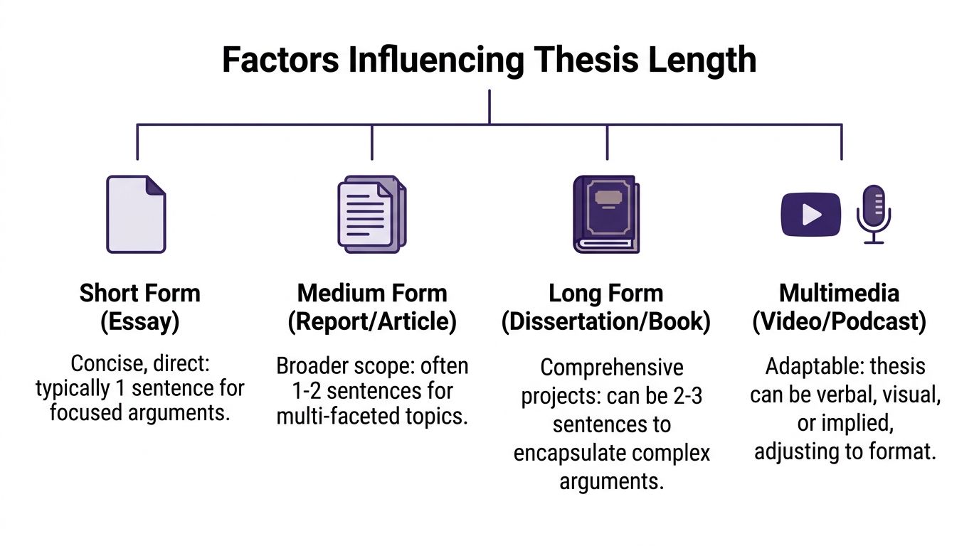 A chart showing factors influencing thesis length, categorized by document type from short essay to multimedia.