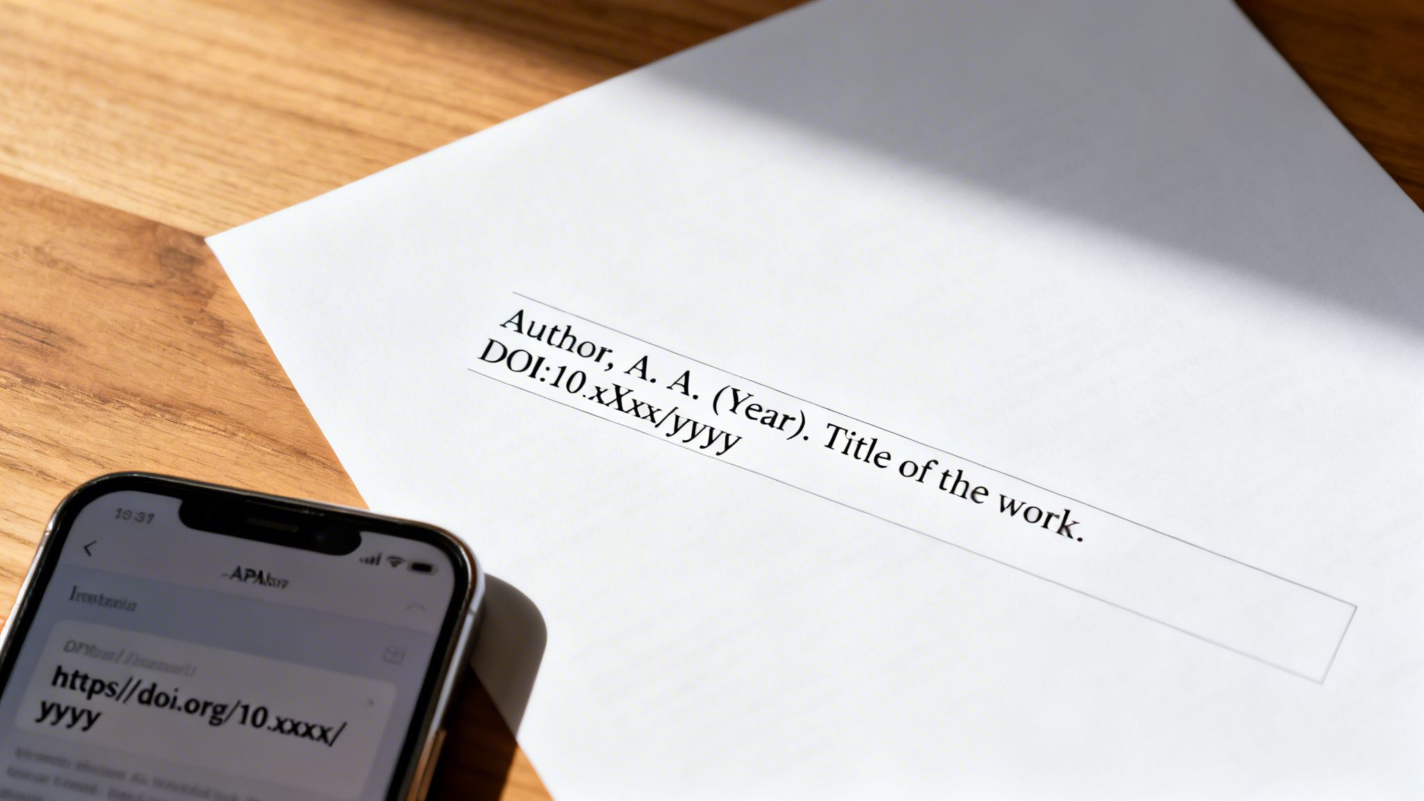A white paper displays an APA style citation with a DOI, next to a smartphone showing the DOI link.