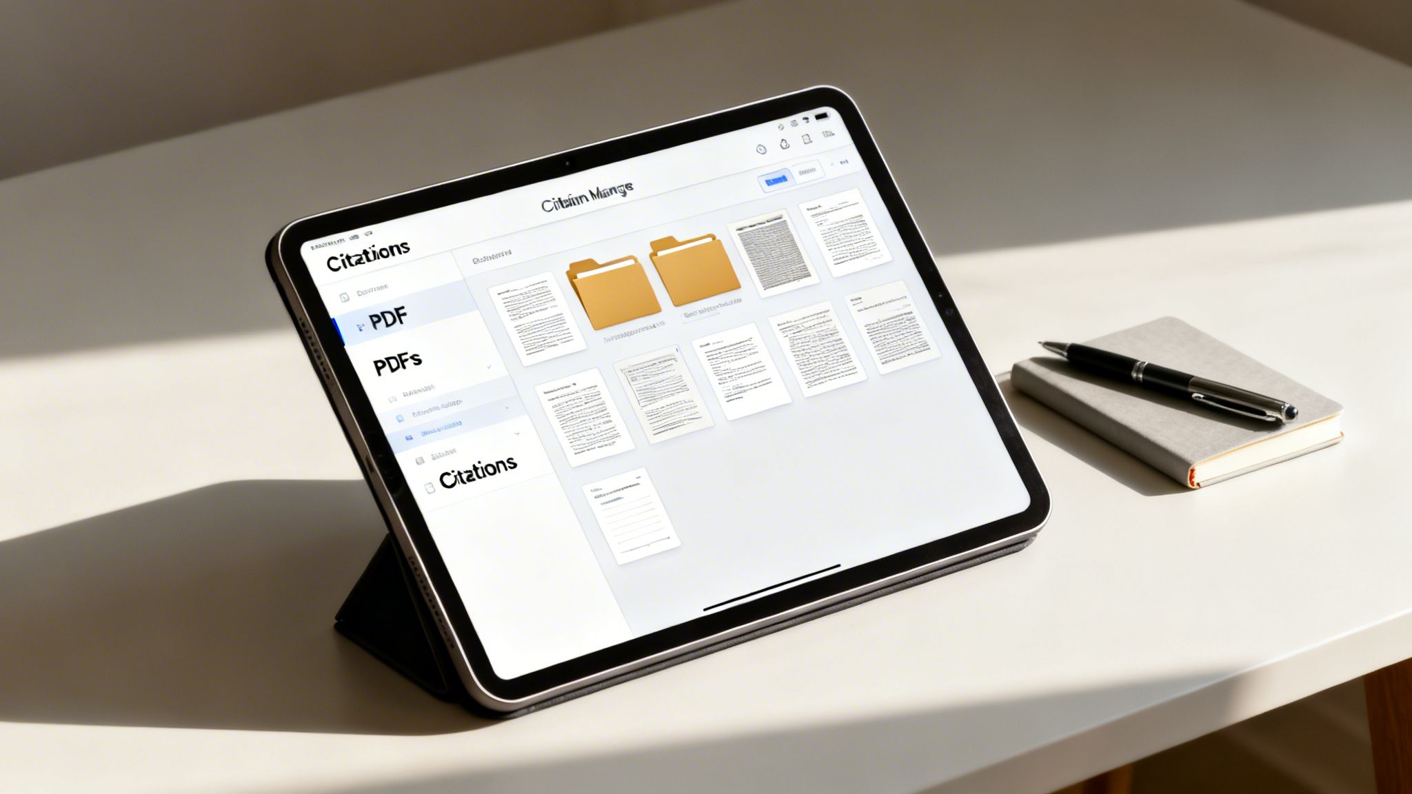 A tablet on a desk displays a document management app with PDFs and citations, beside a notebook and pen.