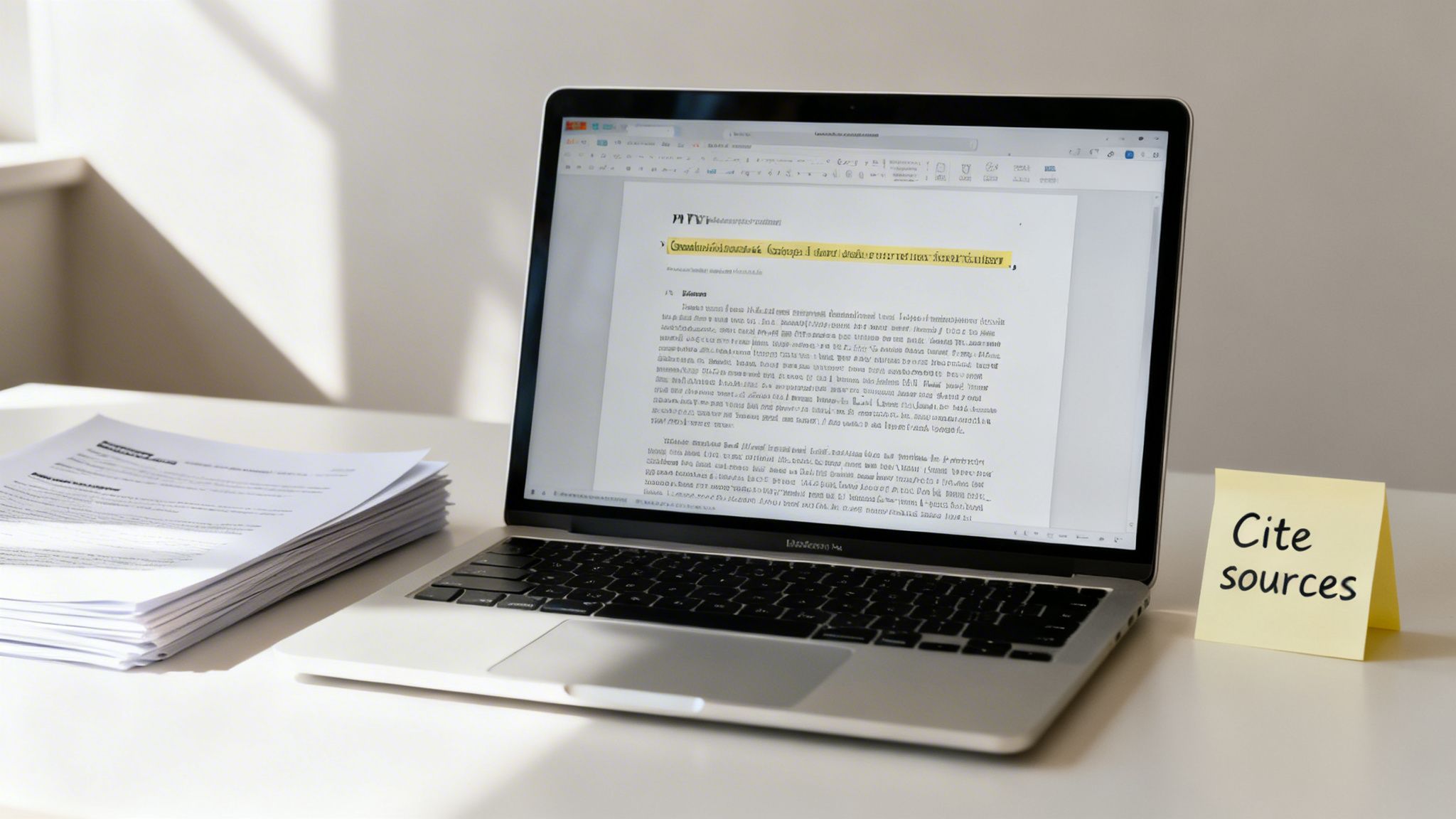 A laptop displays a document with highlighted text next to a stack of papers and a 'Cite sources' sticky note.