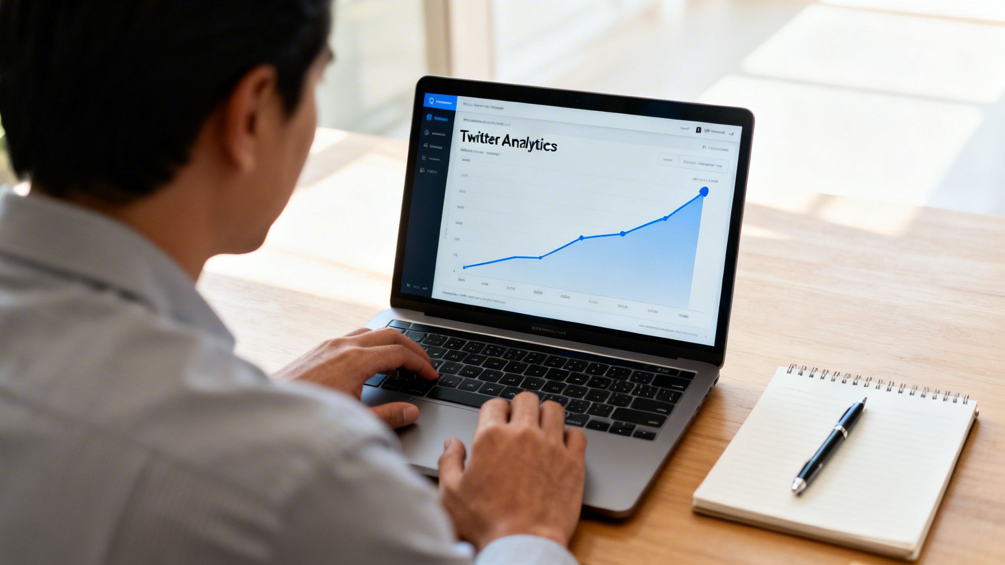 A person sitting at a wooden desk viewing an upward trending Twitter analytics chart on a laptop screen.