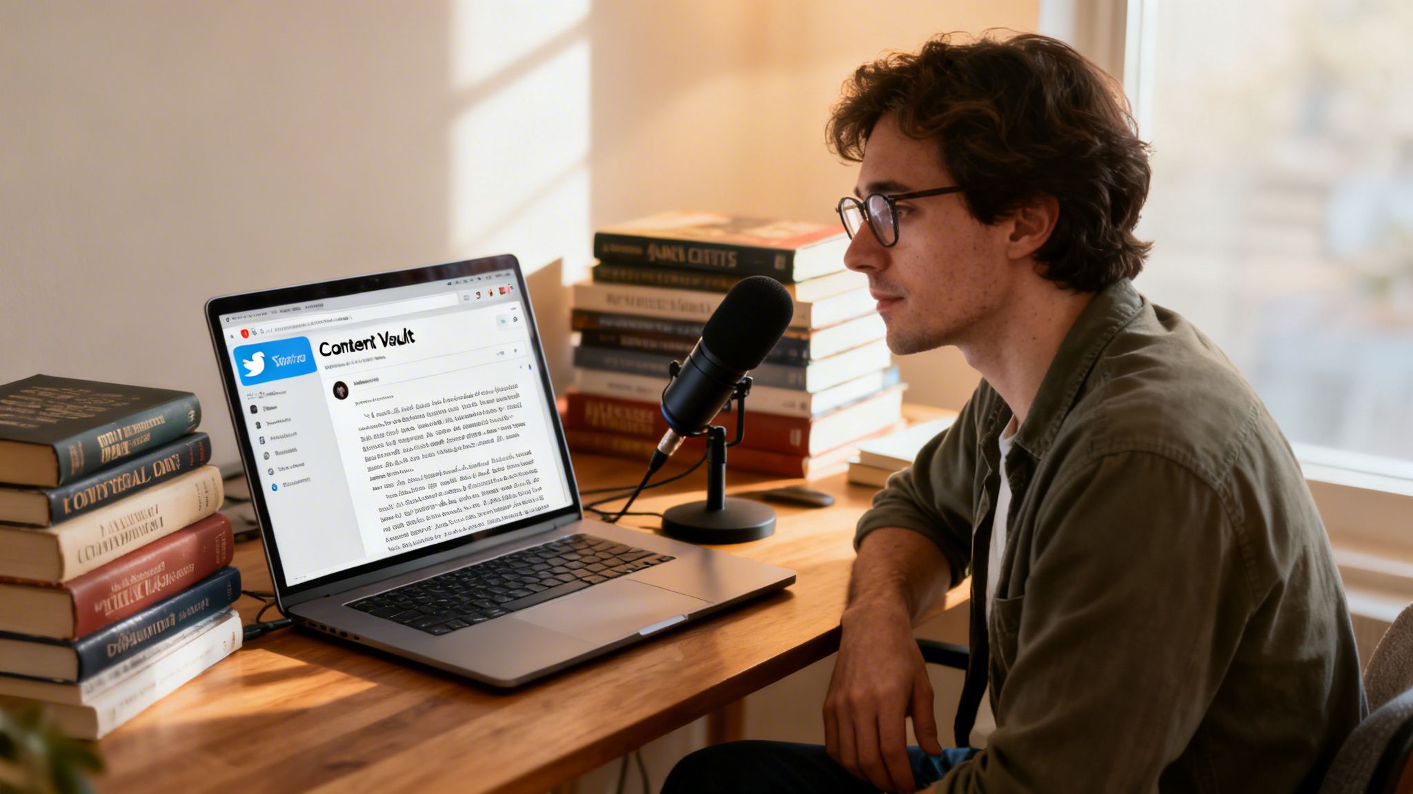 A young man with glasses working on his laptop while recording audio with a desk microphone.