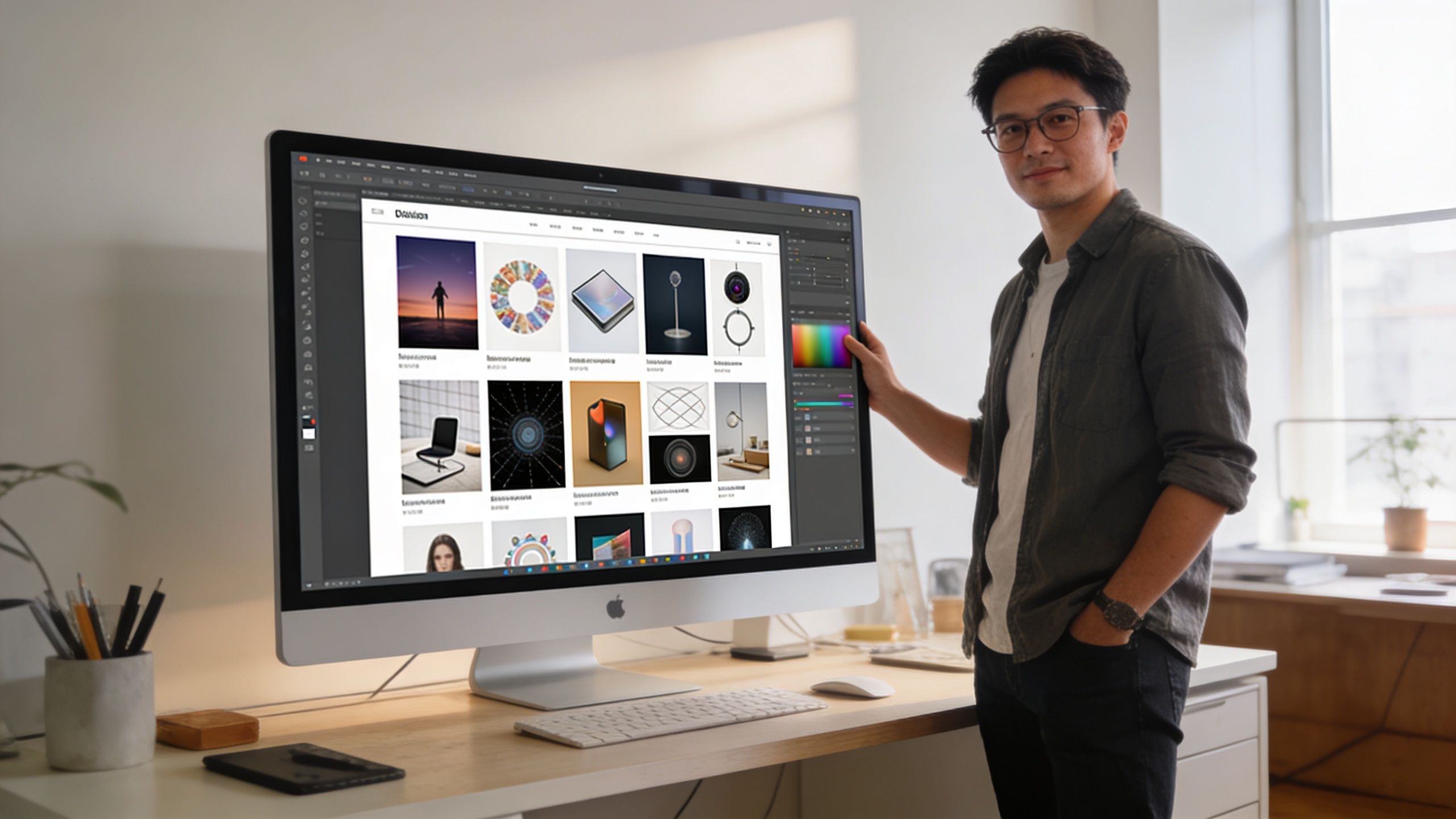 A professional graphic designer smiling while presenting his digital design projects on a large Apple desktop computer.