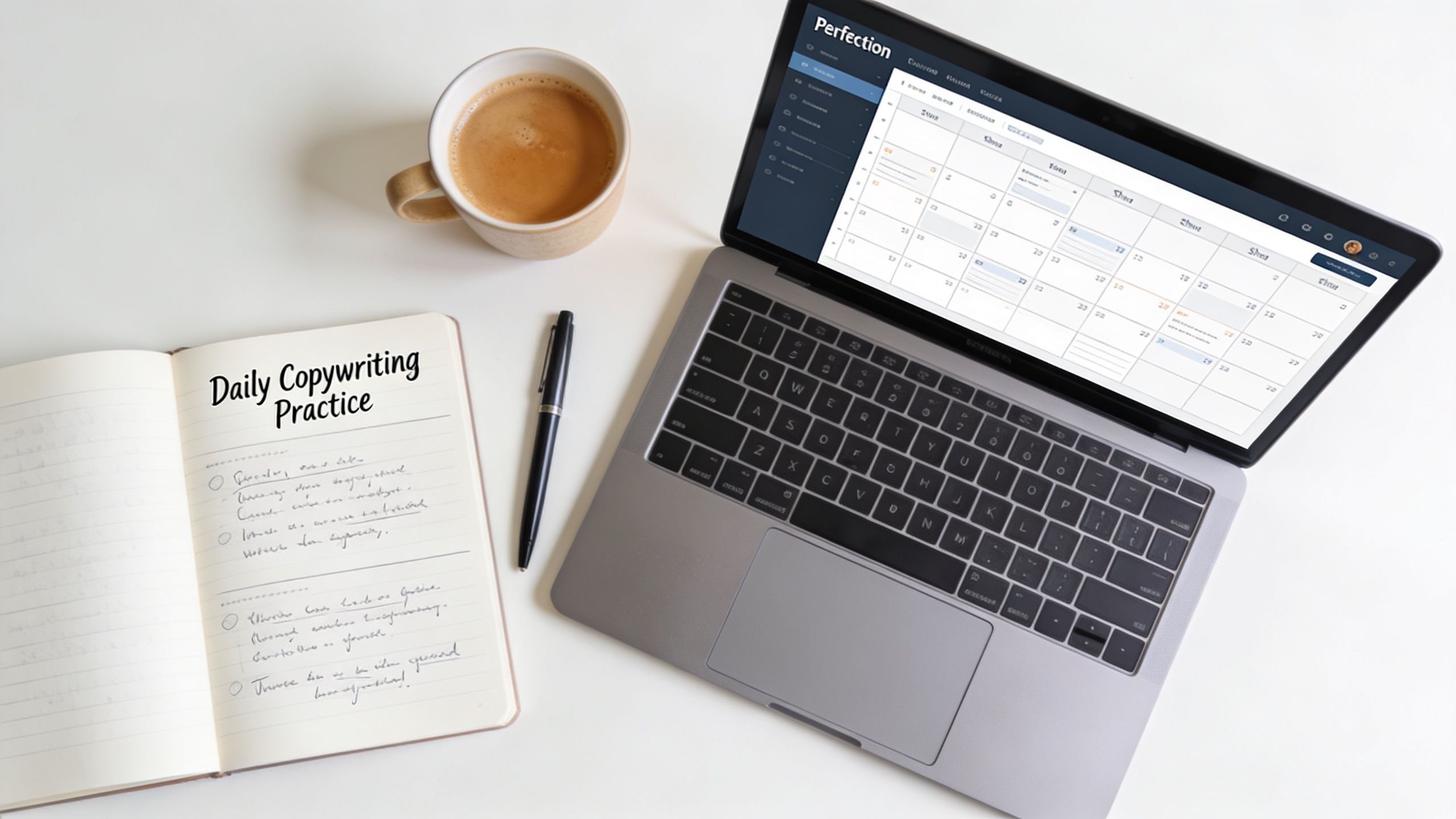 A workspace with a laptop displaying a calendar, a cup of coffee, and a daily copywriting practice notebook.