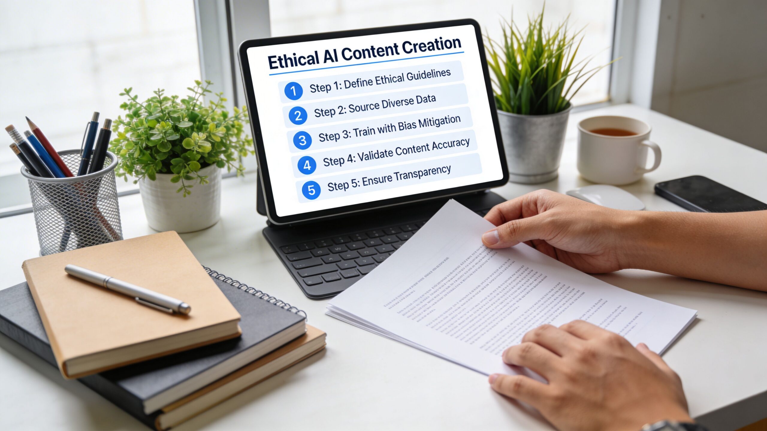 A person reviewing a document while looking at an ethical AI content creation guide on a tablet.