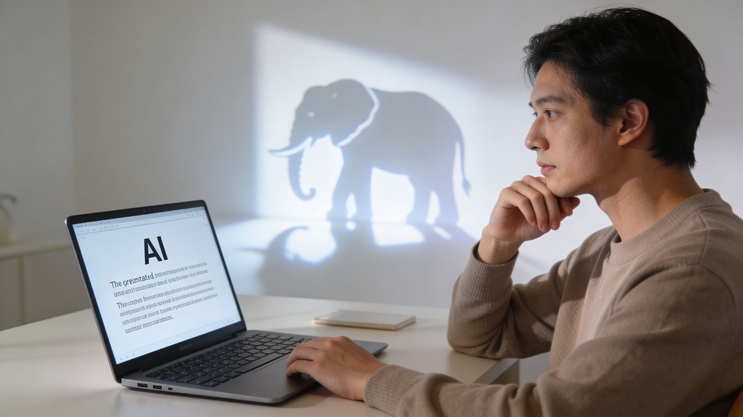 A young man sits at a desk looking at a laptop screen featuring an AI text document.