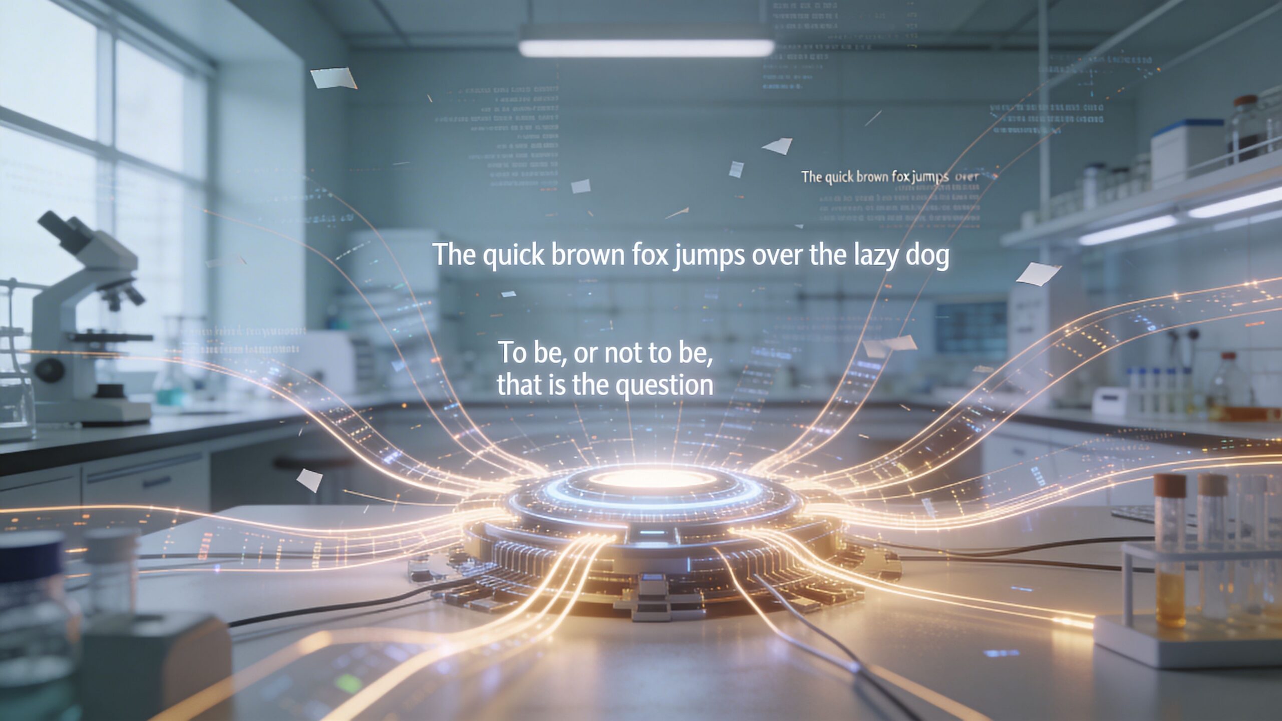 A futuristic laboratory bench features a glowing device emitting digital data streams with philosophical and English phrases.