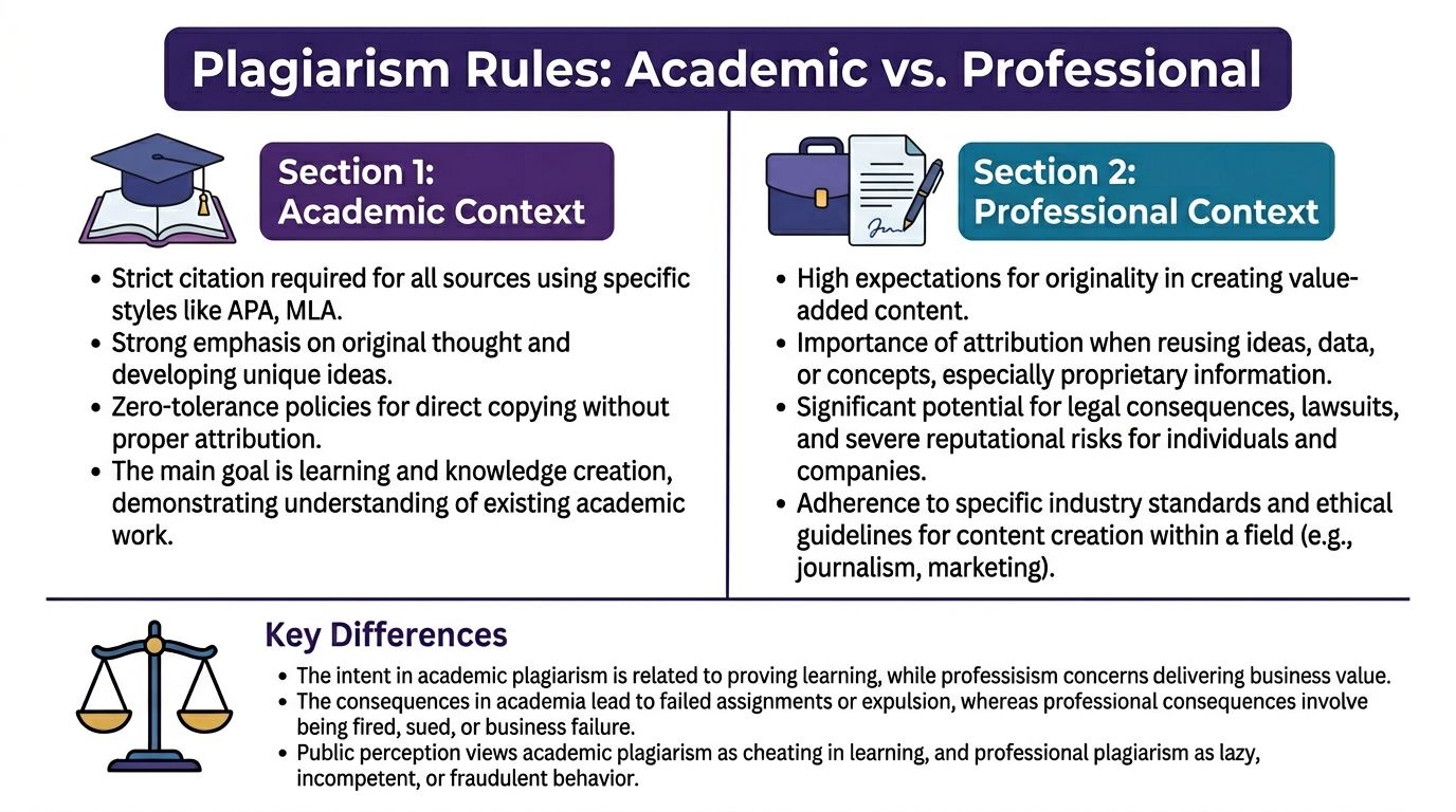 A comparison chart outlining the differences between academic and professional plagiarism rules and consequences.