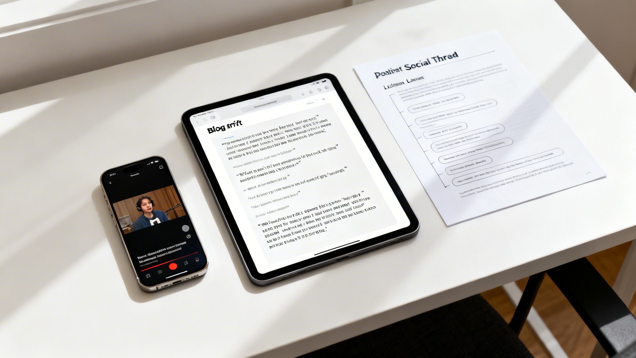 A modern workspace showing a tablet displaying a blog, a smartphone playing a video, and a document with a diagram.