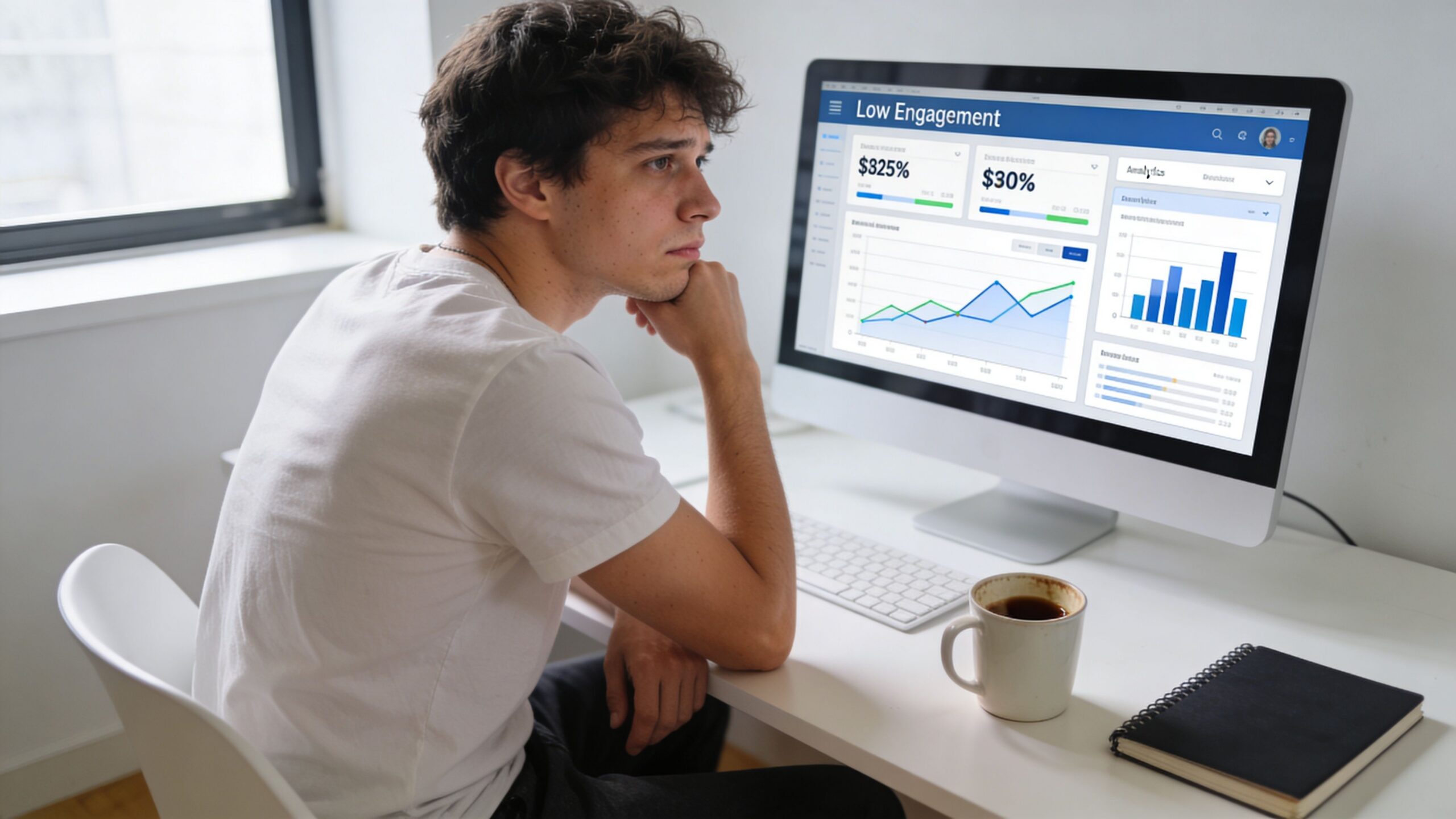 A young man sitting at a desk looking concerned at a computer screen displaying analytics data.