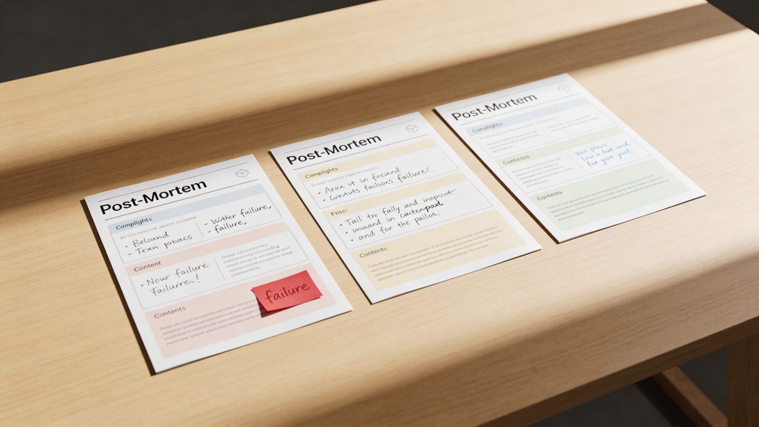 Three post-mortem document templates with handwritten notes laid out on a wooden table surface.