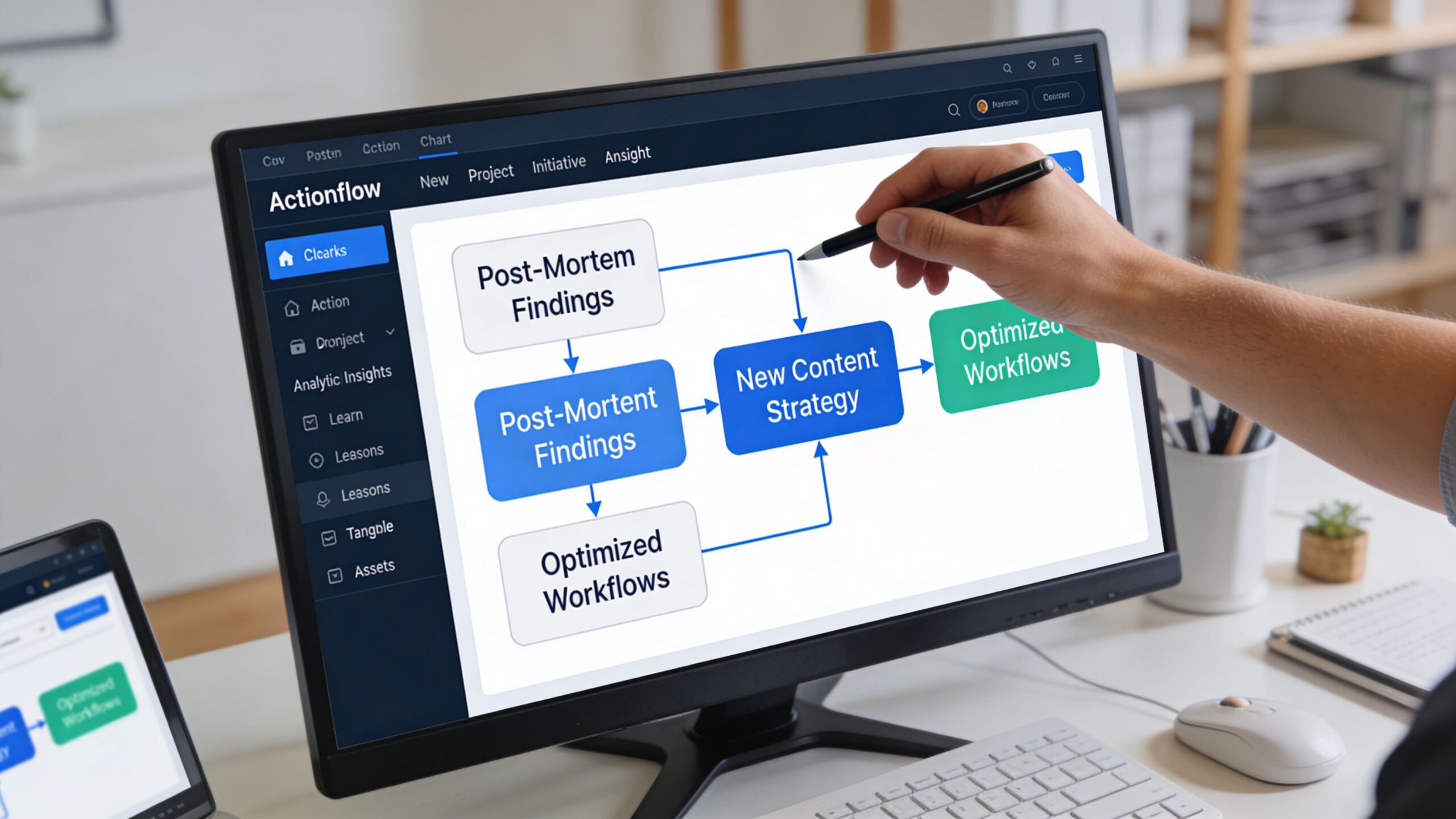 A professional desk workspace displaying a digital post-mortem workflow chart on a computer monitor screen.