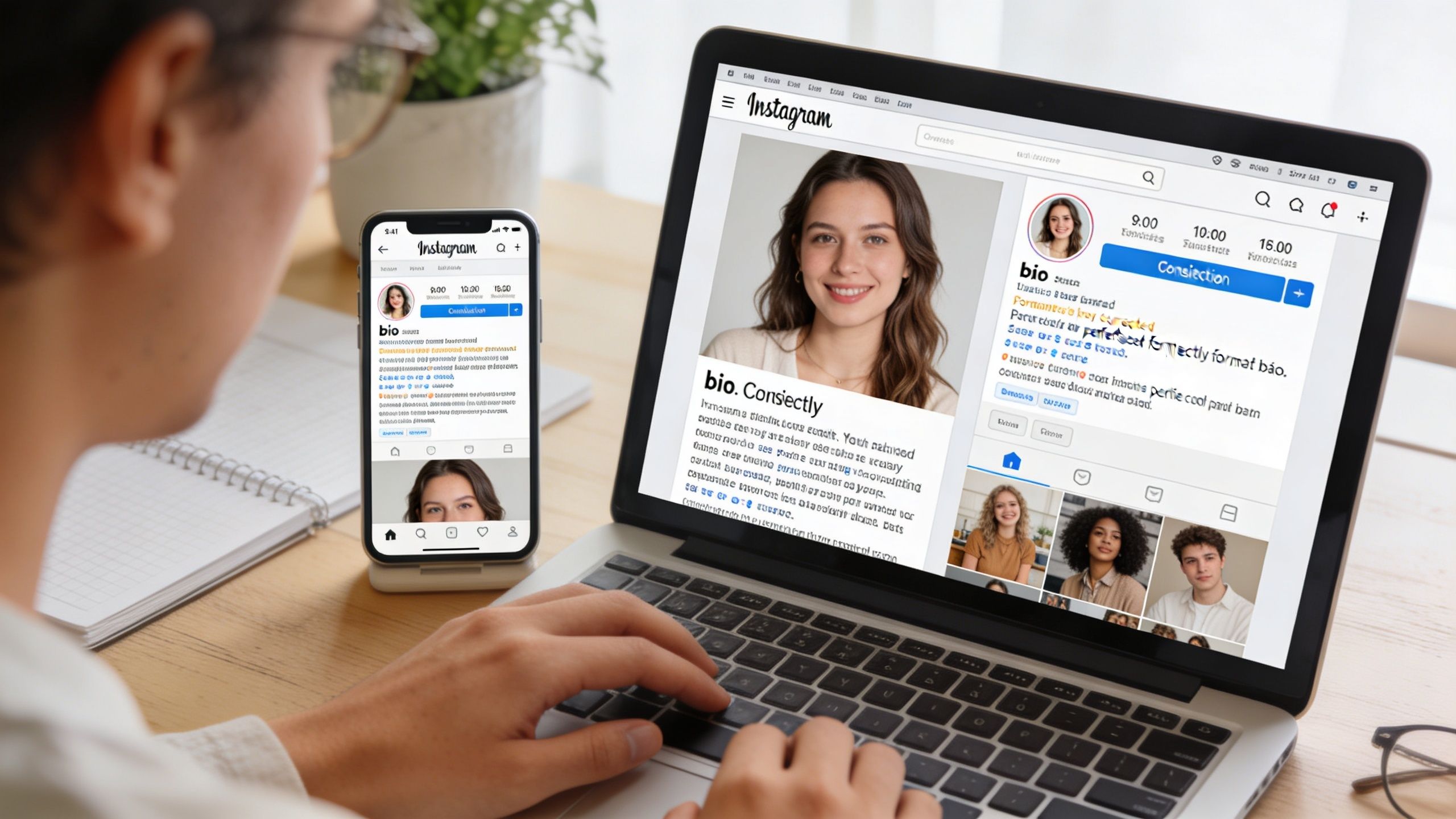 A person using a laptop to design an Instagram profile with spaces in the bio section.
