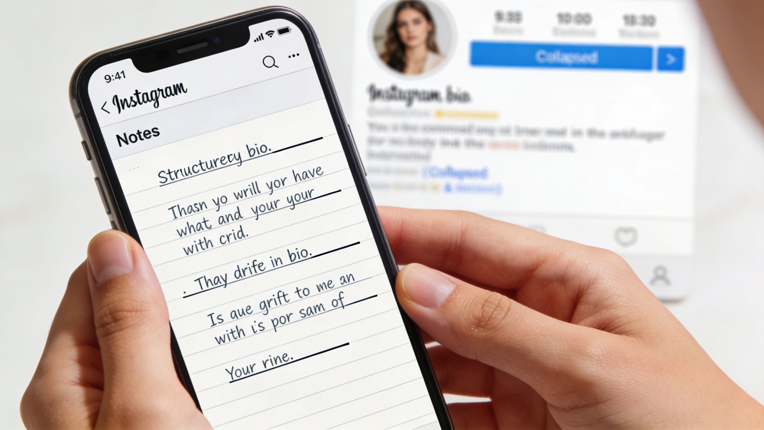 A person holding a smartphone displaying handwritten notes about Instagram biography structure and design ideas.