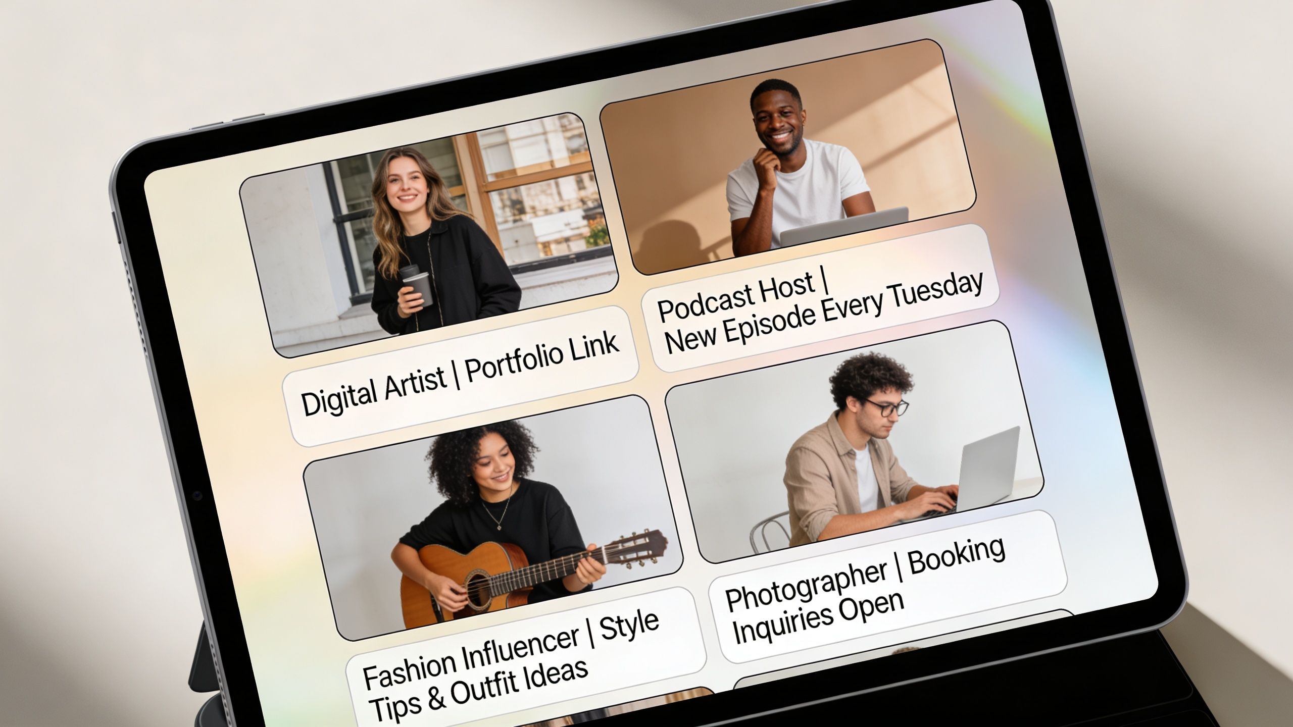 A digital tablet displaying four different professional profile blocks with images and short text descriptions.