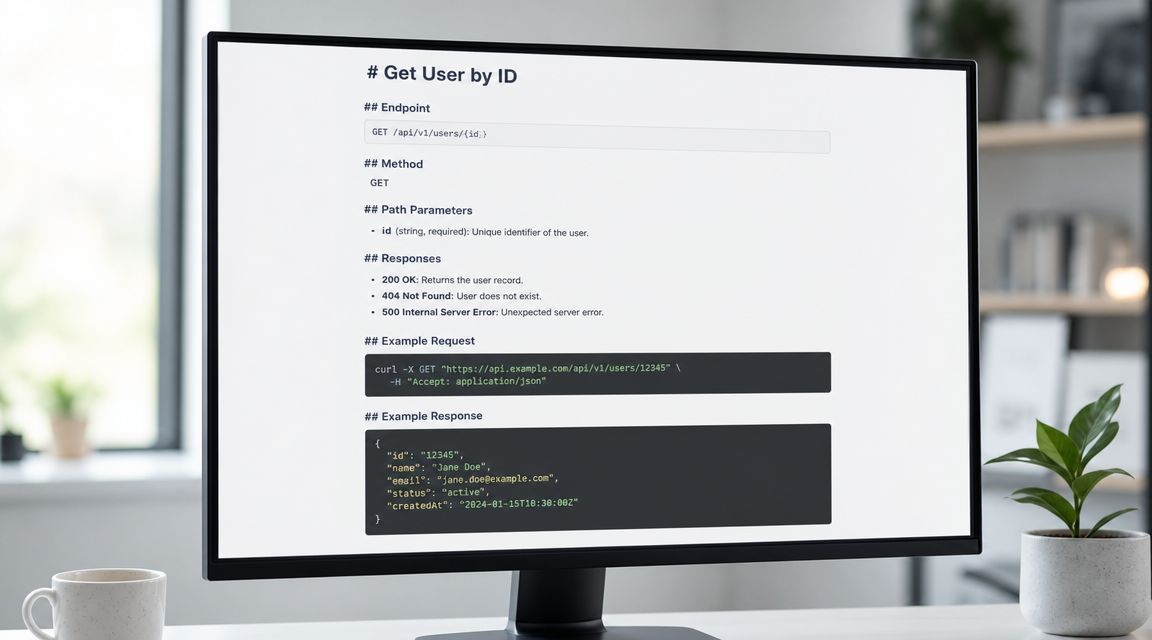A computer monitor displaying a clear API documentation template for a user retrieval request endpoint.