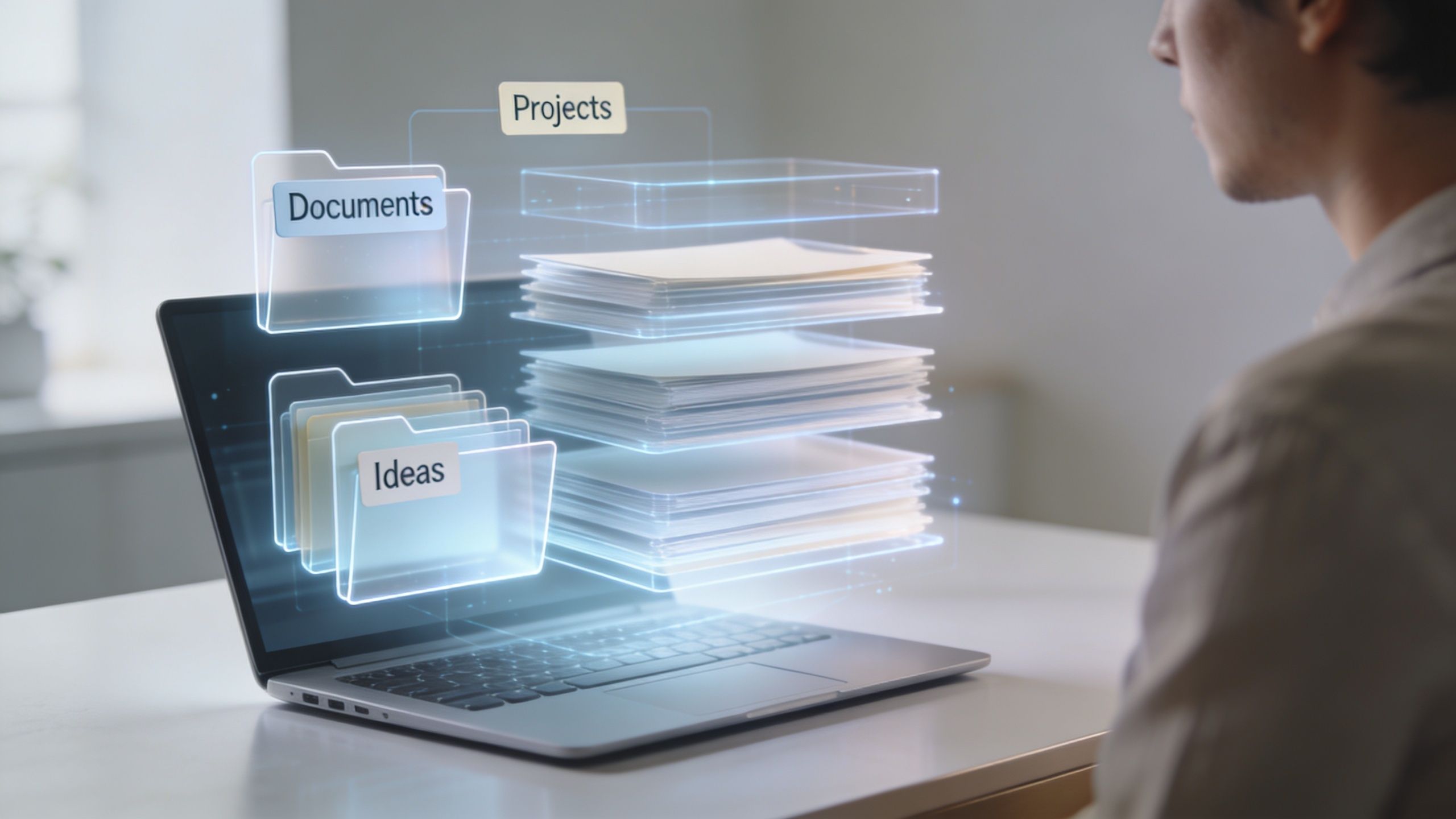 A person looks at a laptop screen displaying holographic folders and digital files labeled Projects, Documents, and Ideas.