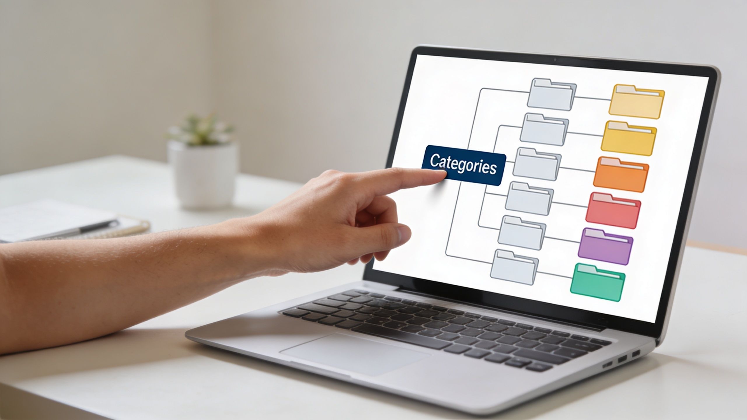 A person pointing at a screen displaying a diagram of organized digital folders for categories.