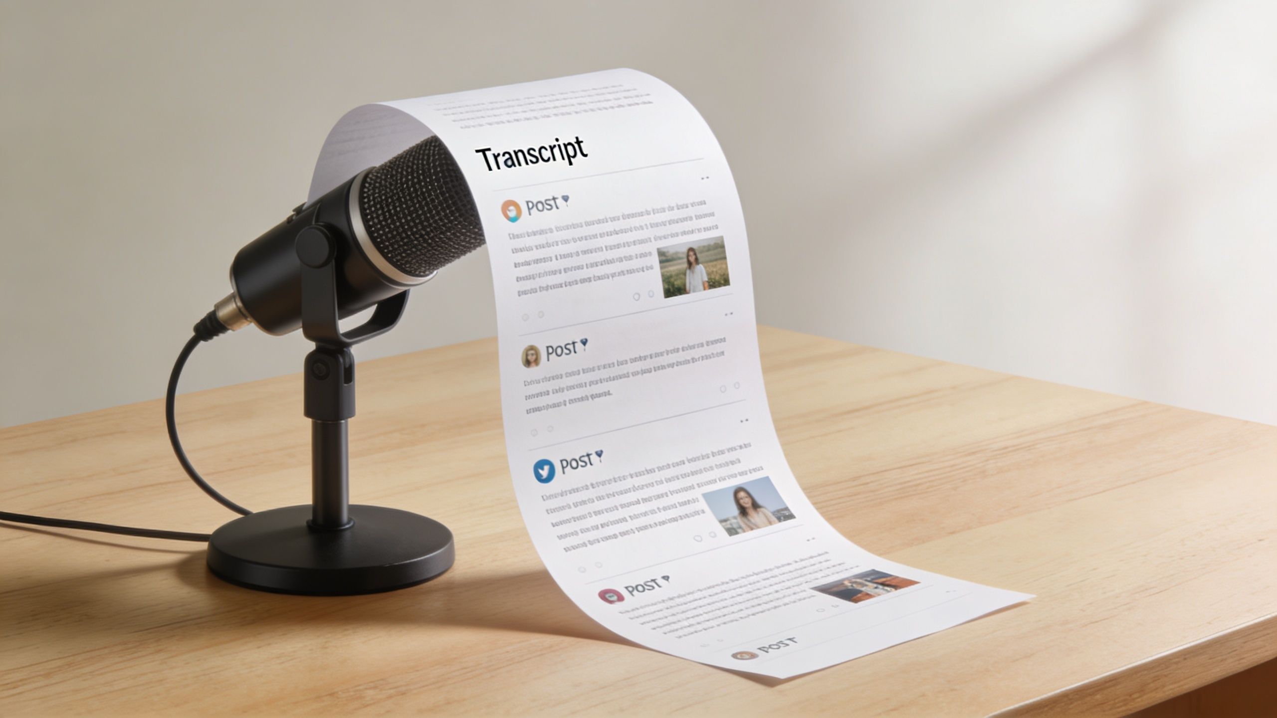 A microphone with a long scroll of paper printed with social media post transcripts on a wooden table.