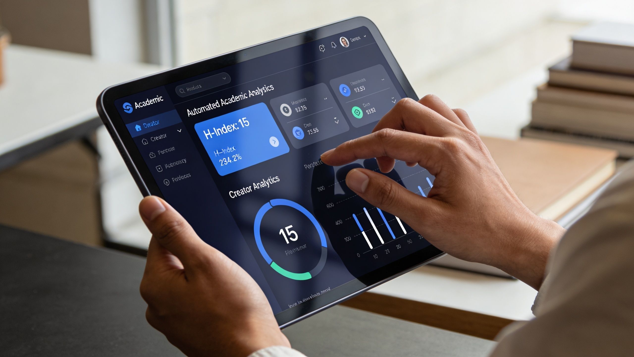 A person holds a digital tablet displaying an academic analytics dashboard with H-Index and creator performance data.