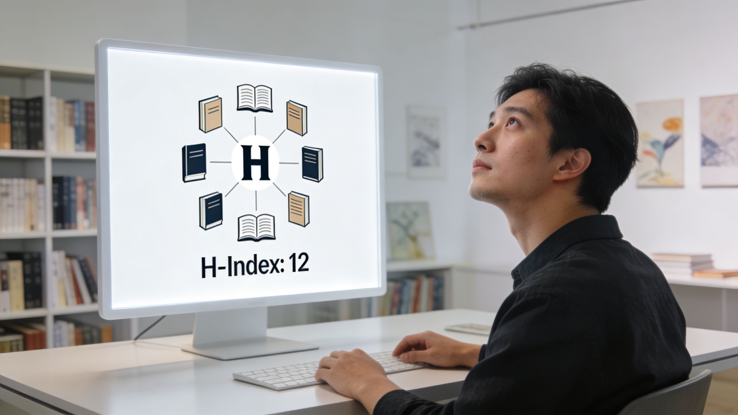 A young man sitting at a desk and looking at a computer screen displaying an H-index calculation.