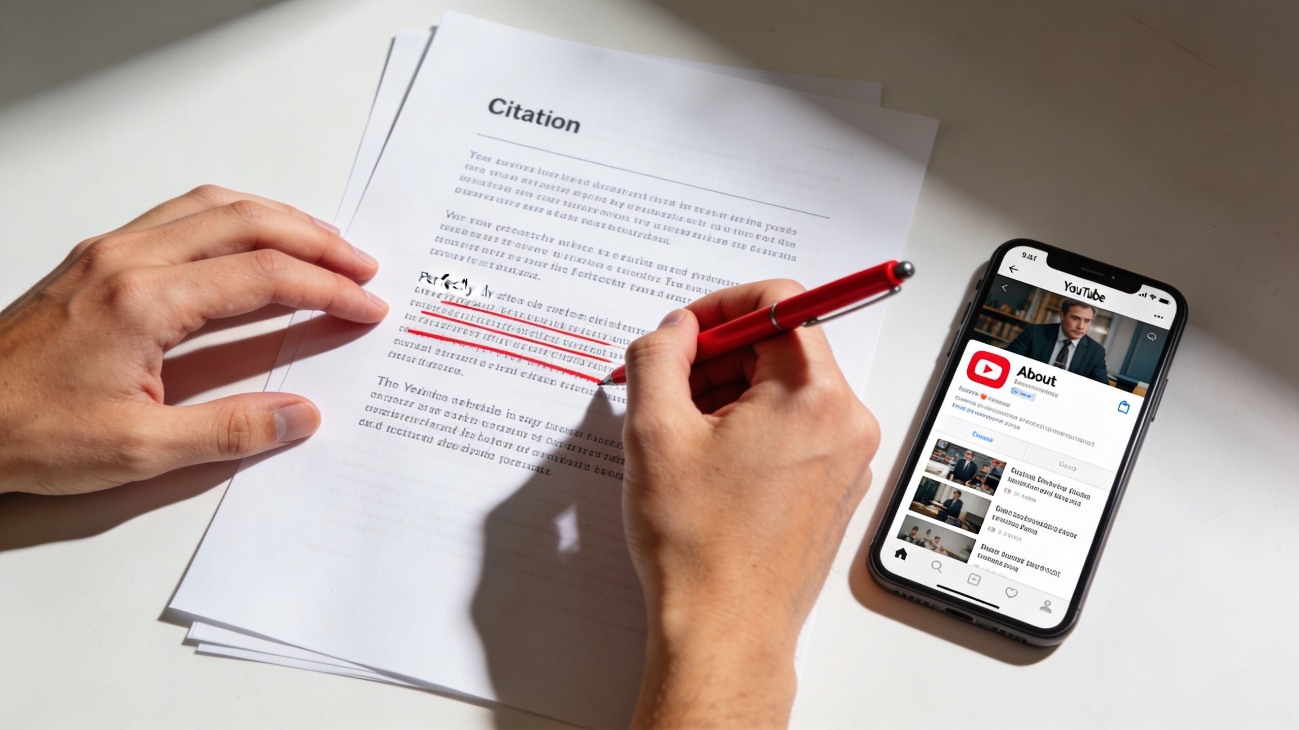 A person writing on a document while looking at a YouTube channel on a smartphone screen.