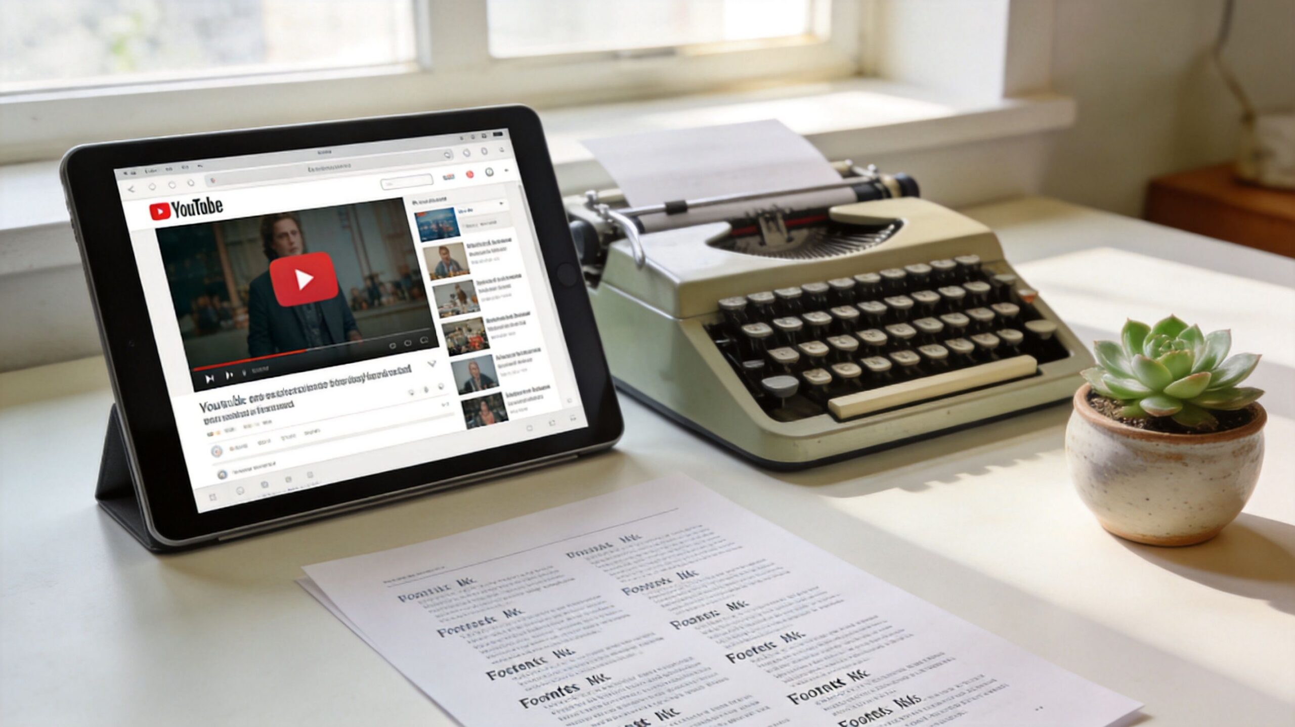 A digital tablet displaying a YouTube video on a desk with a vintage typewriter and document.
