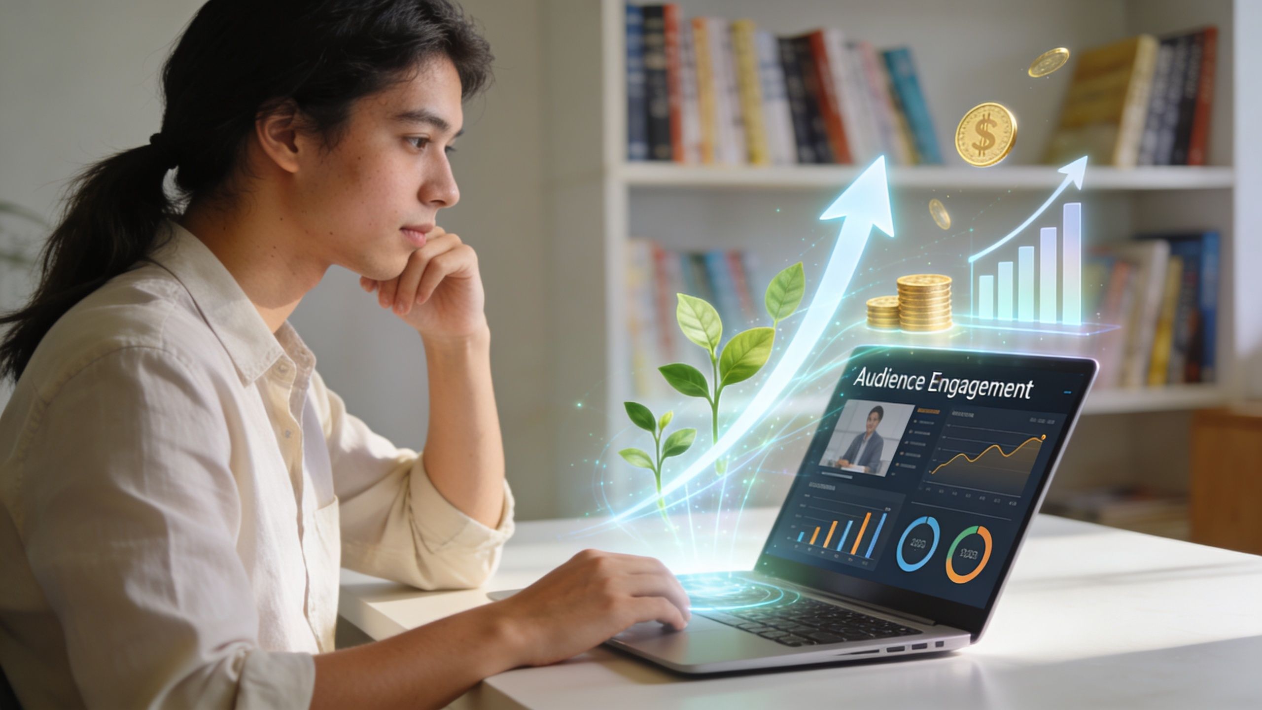 A young man sitting at a desk viewing audience engagement growth analytics on a digital laptop screen.