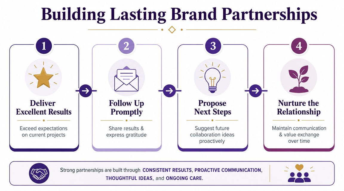 A flowchart infographic titled Building Lasting Brand Partnerships, outlining four key steps for successful brand collaborations.