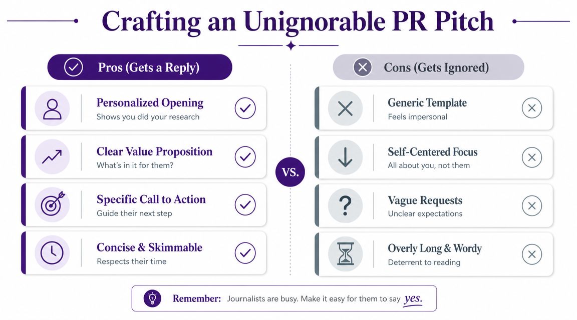 A comparison chart showing how to craft effective PR pitches by choosing personalized approaches over generic templates.