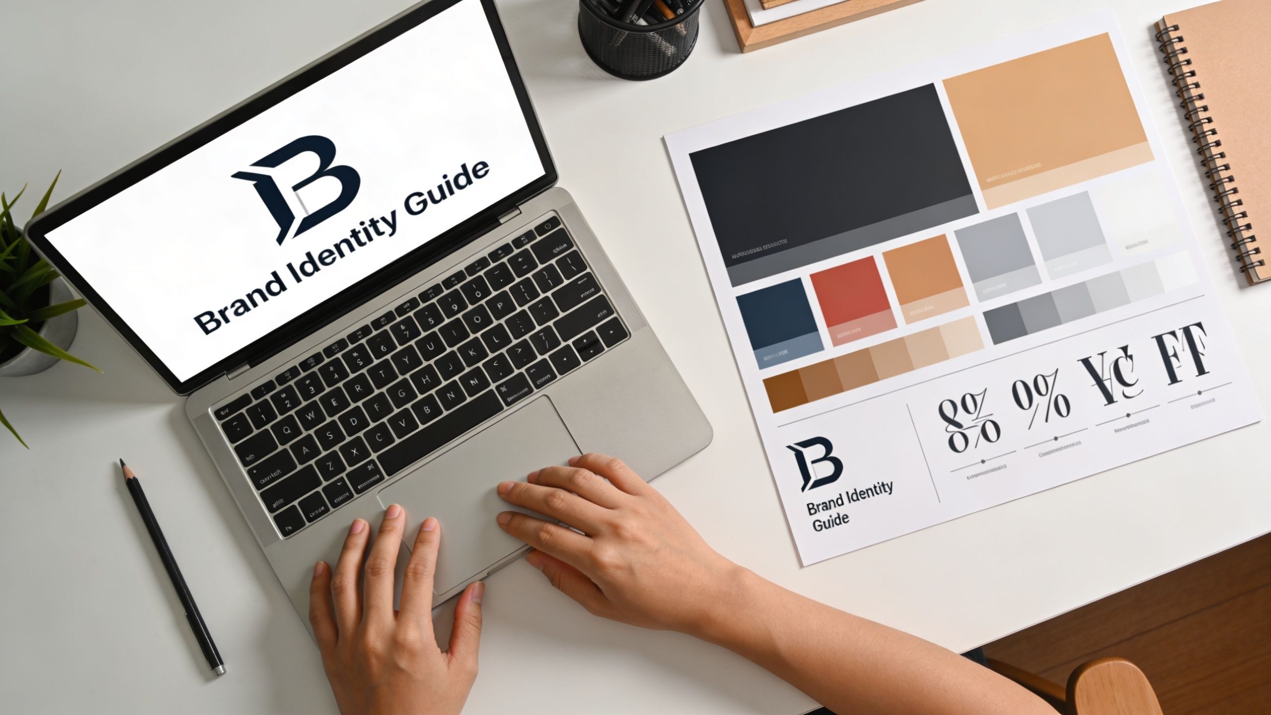 A person using a laptop to design a professional brand identity guide on a clean desk