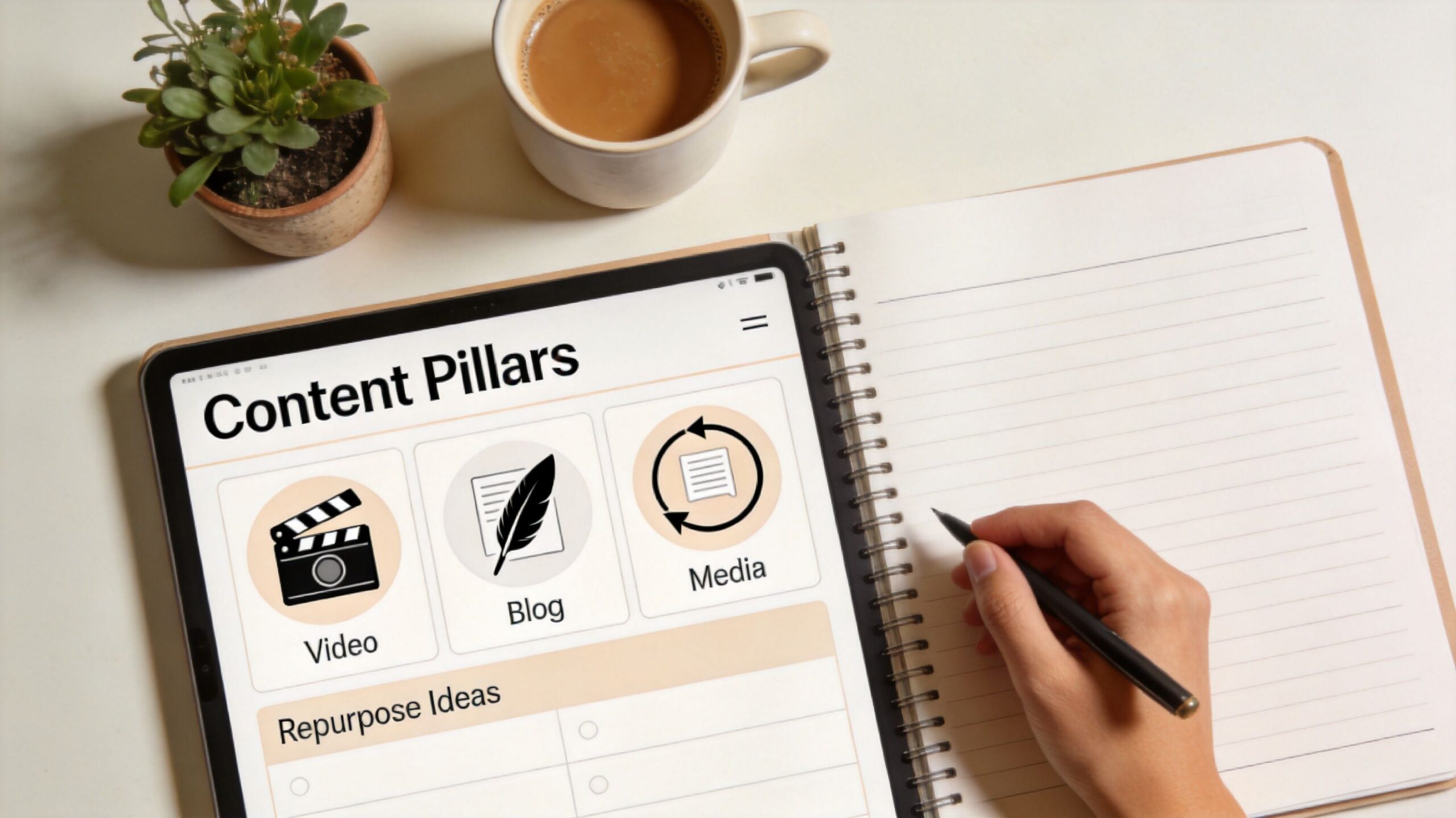 A person writing in a notebook next to a digital tablet displaying content pillars for media marketing.