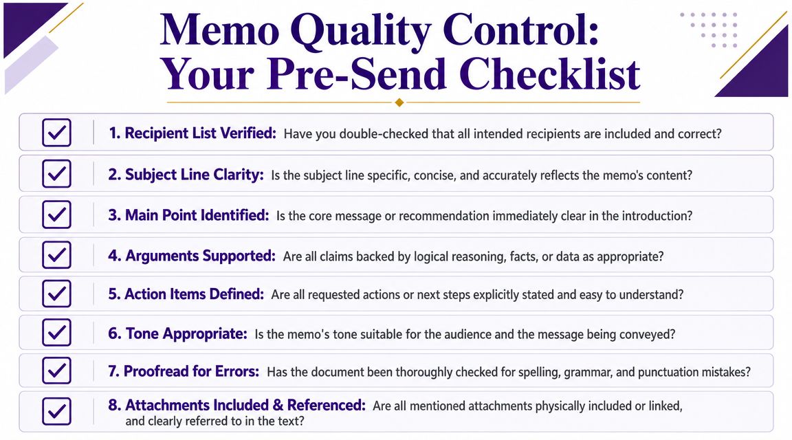 A checklist titled Memo Quality Control providing eight steps to ensure professional and accurate business memoranda.