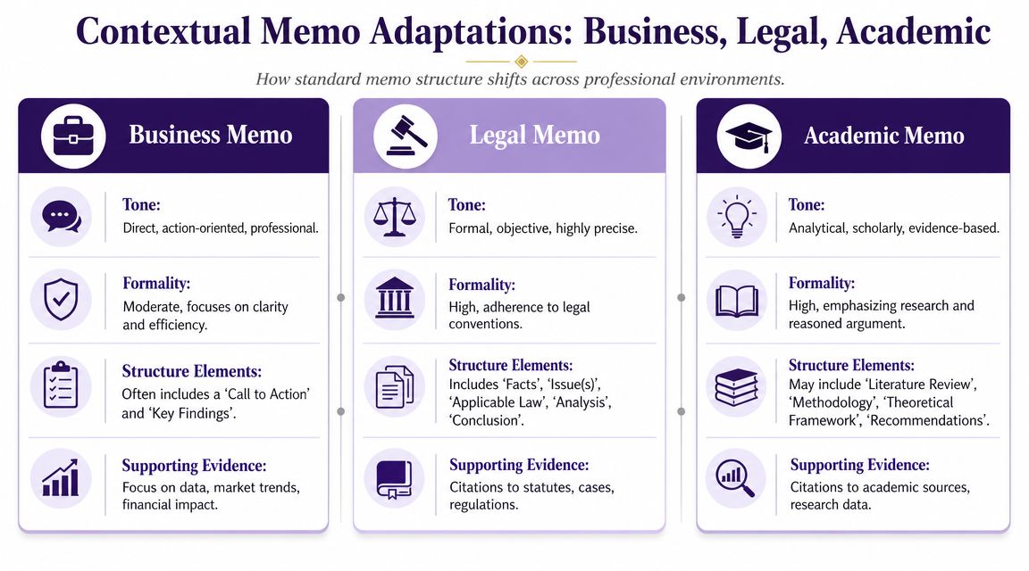 A comparison chart outlining differences in memo structures and tone for business, legal, and academic writing contexts.