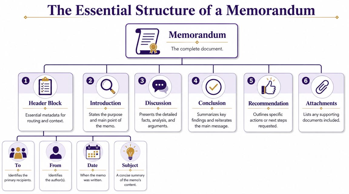 A diagram outlining the six essential sections of a professional memorandum with detailed sub-components.