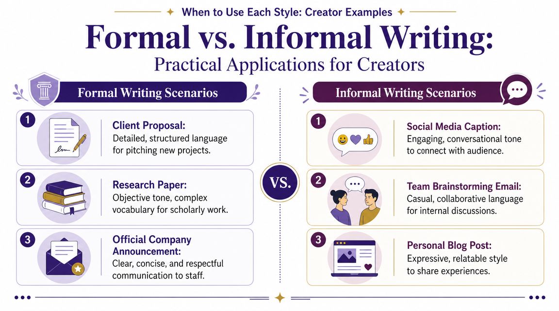 A comparison chart showing practical applications for formal versus informal writing styles for content creators.
