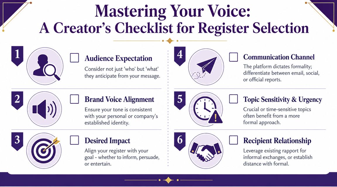 A six-step infographic for creators on how to choose the appropriate tone and register for communication.