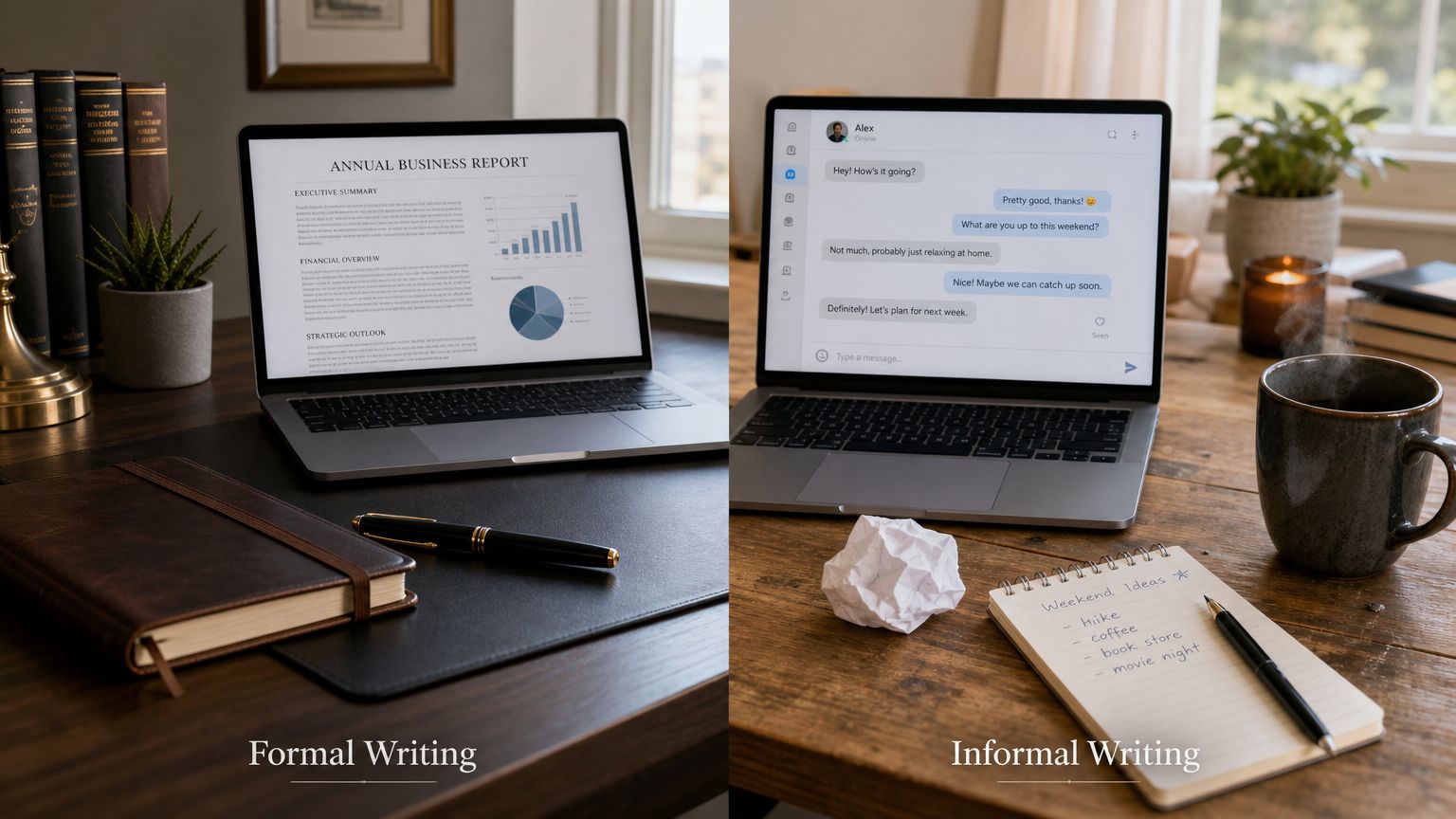 A split image comparing a business-focused formal workspace with a casual, informal setting featuring personal chat.