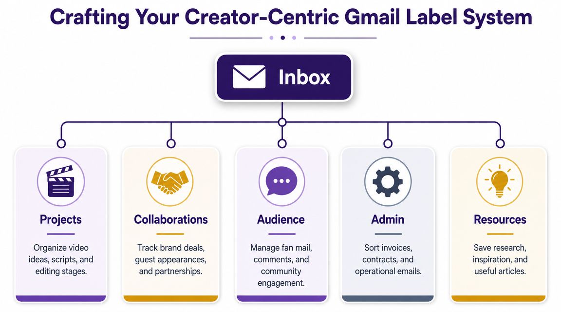 A diagram illustrating a creator-centric Gmail label system, organized into five categories for efficient email management.