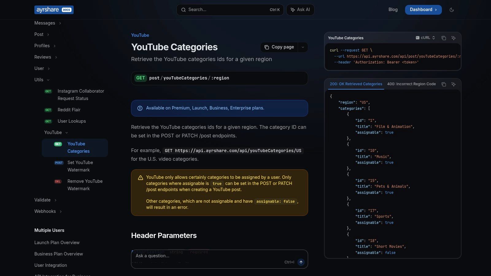 Ayrshare, YouTube Categories API